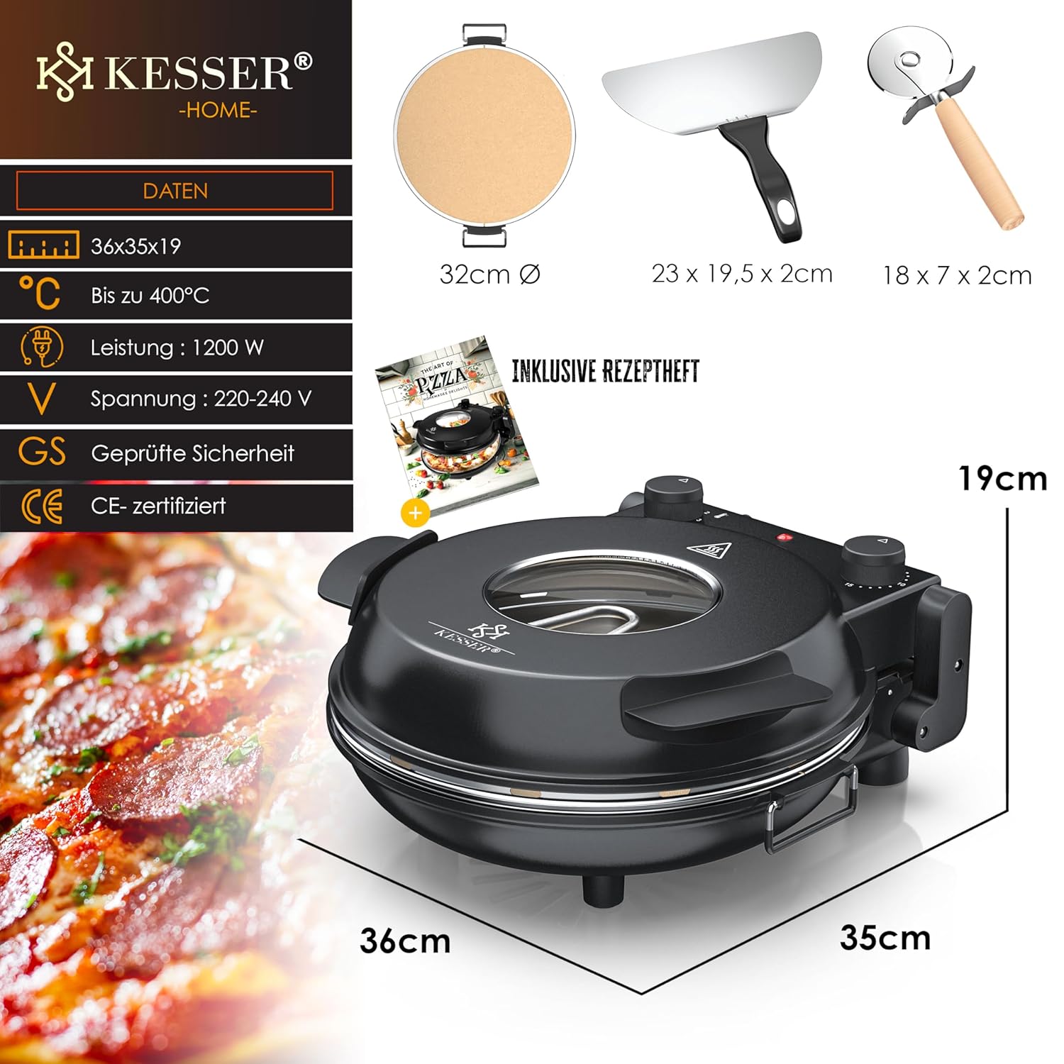 KESSER® Pizza‑Ofen elektrisch 1200 W, 400 °C, Steinplatte, Timer