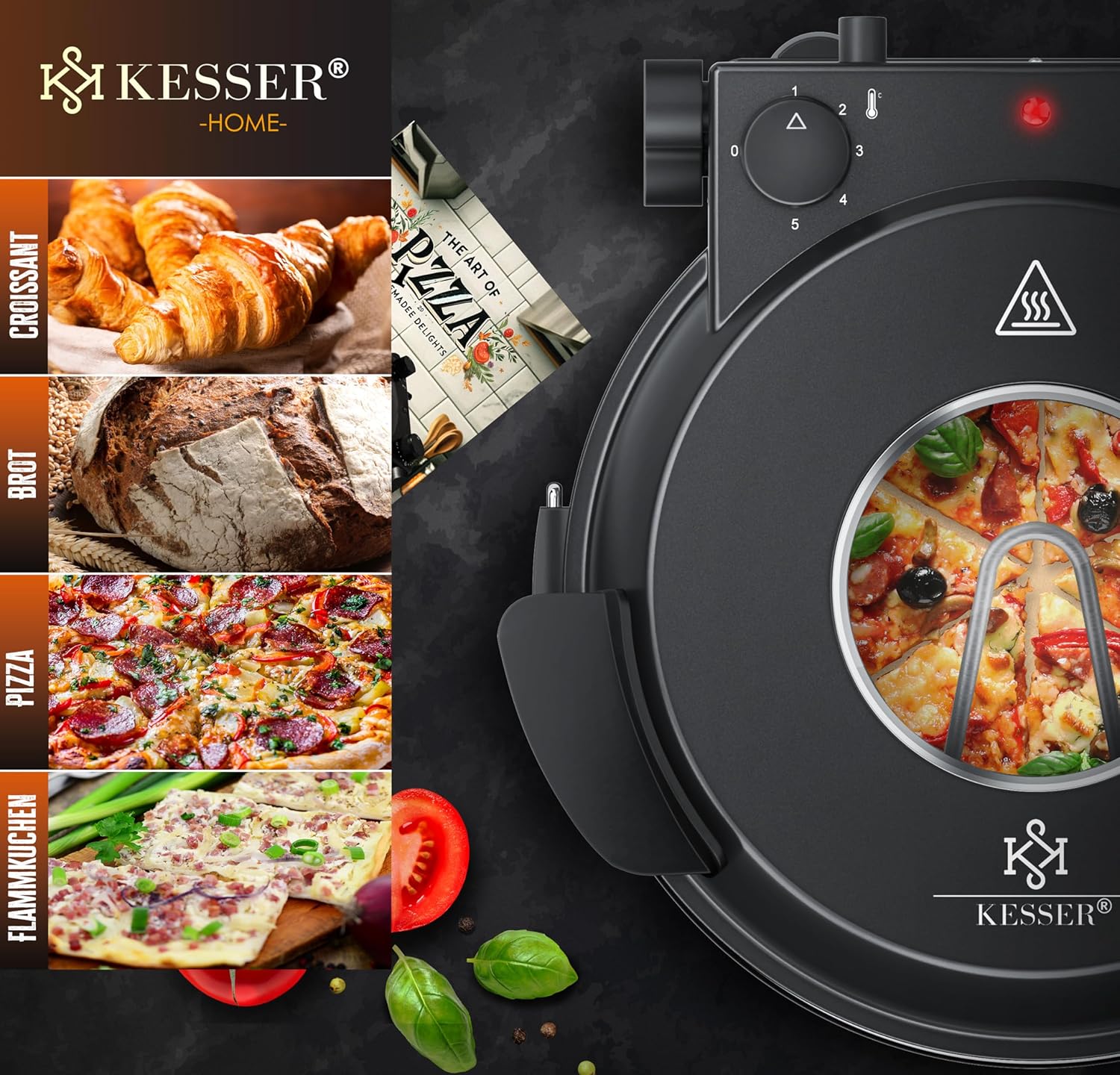 KESSER® Pizza‑Ofen elektrisch 1200 W, 400 °C, Steinplatte, Timer