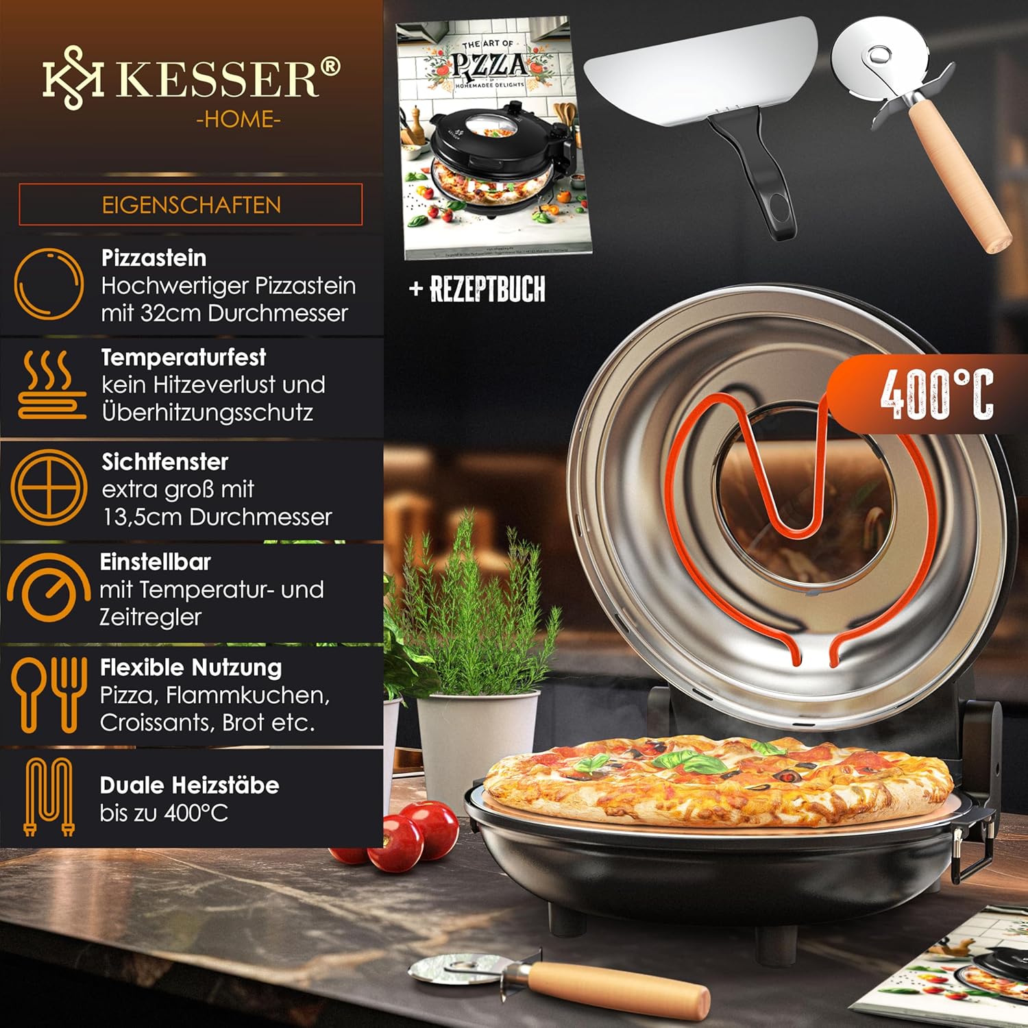 KESSER® Pizza‑Ofen elektrisch 1200 W, 400 °C, Steinplatte, Timer