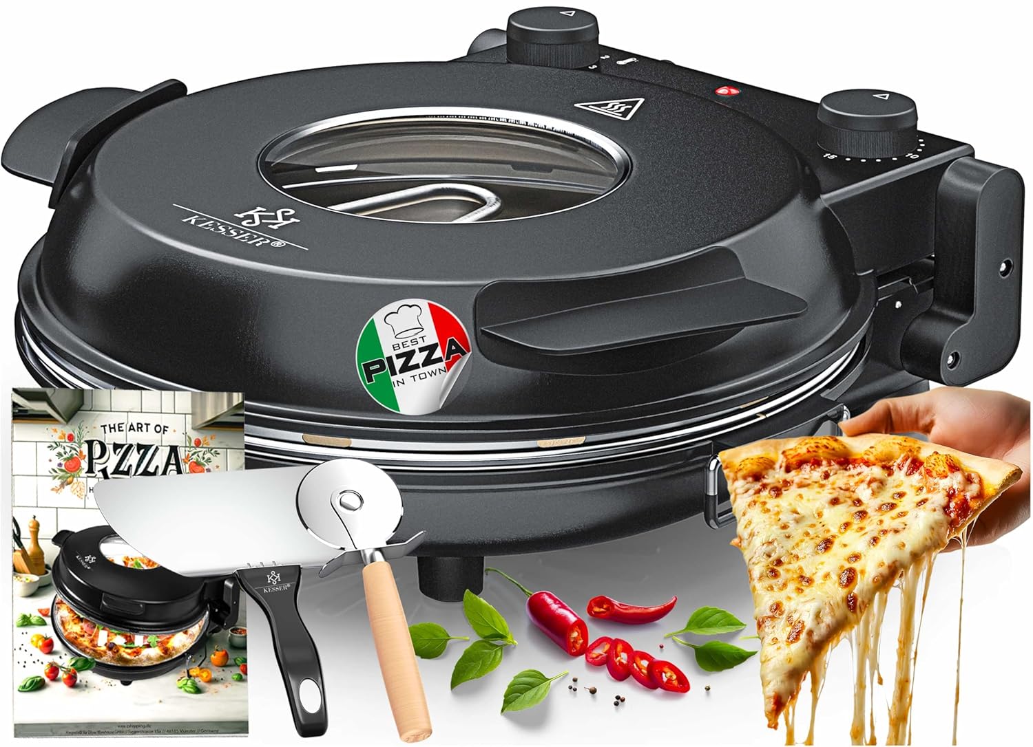 KESSER® Pizza‑Ofen elektrisch 1200 W, 400 °C, Steinplatte, Timer