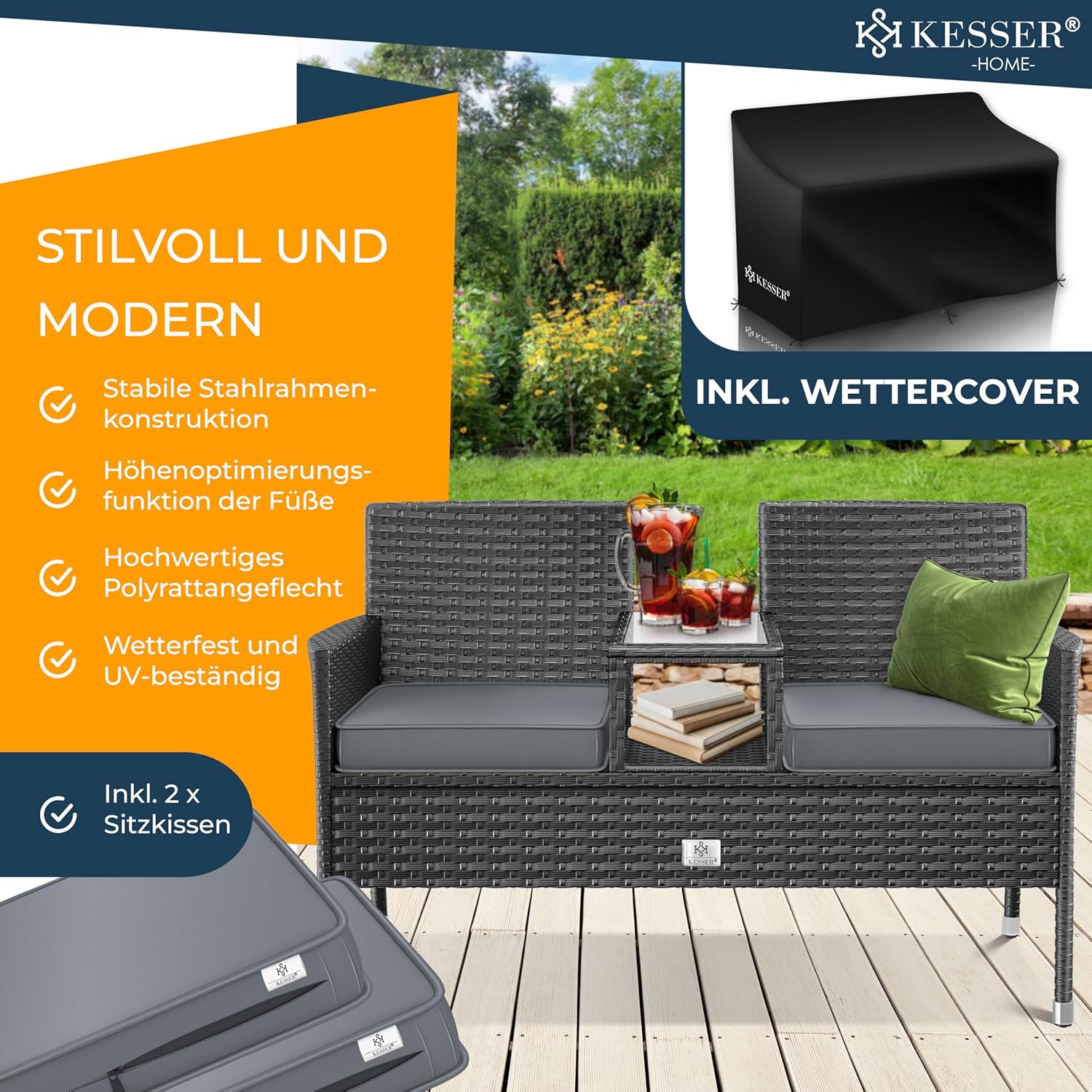 KESSER® Polyrattan 2‑Sitzer Gartenbank mit Tisch, wetterfest, inkl. Kissen