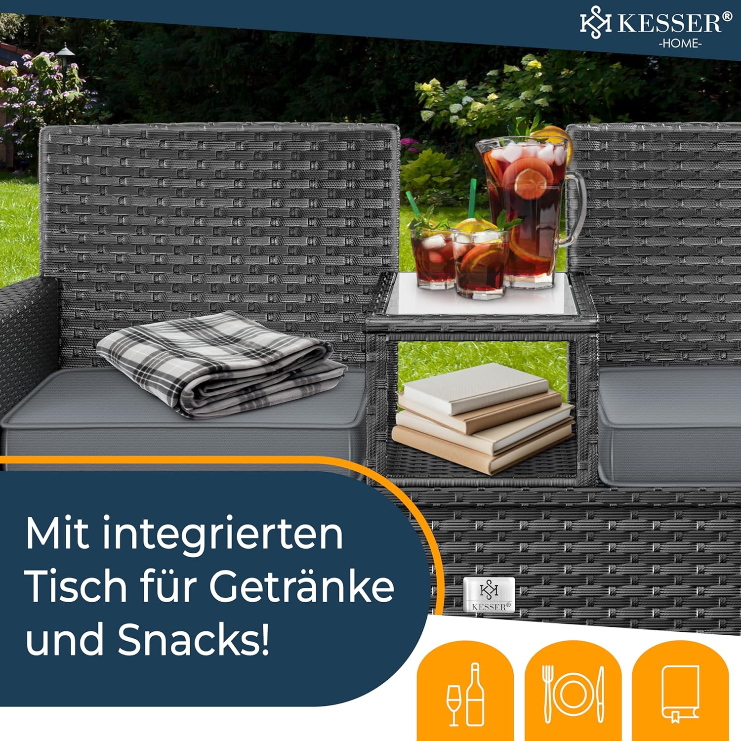 KESSER® Polyrattan 2‑Sitzer Gartenbank mit Tisch, wetterfest, inkl. Kissen
