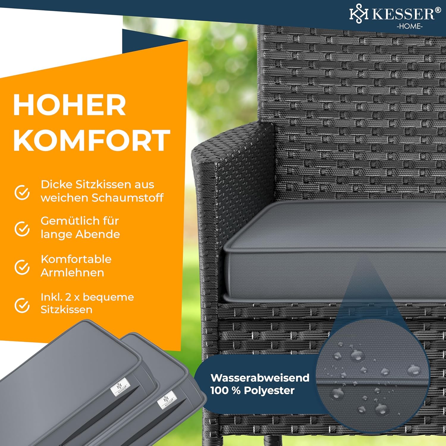 KESSER® Polyrattan 2‑Sitzer Gartenbank mit Tisch, wetterfest, inkl. Kissen