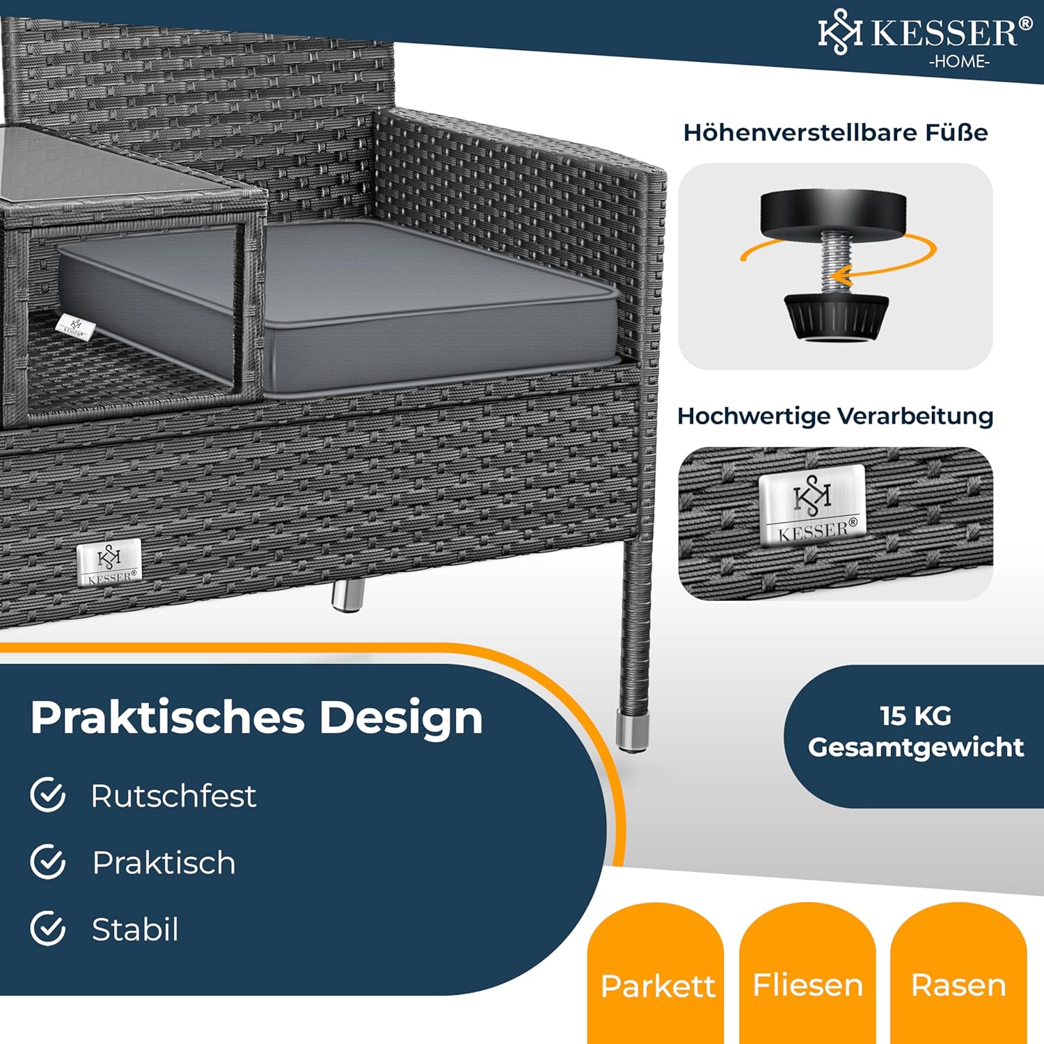 KESSER® Polyrattan 2‑Sitzer Gartenbank mit Tisch, wetterfest, inkl. Kissen
