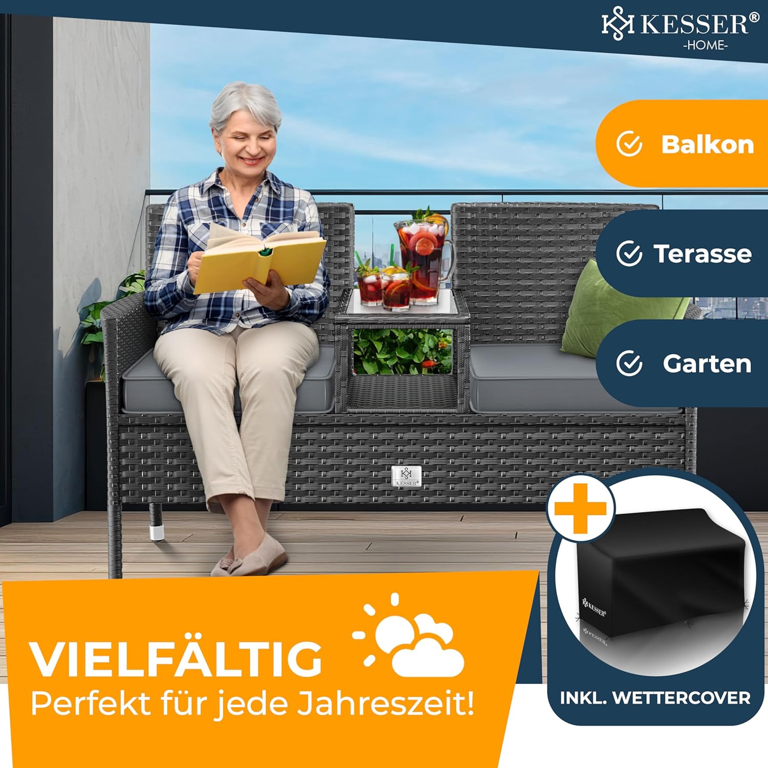 KESSER® Polyrattan 2‑Sitzer Gartenbank mit Tisch, wetterfest, inkl. Kissen