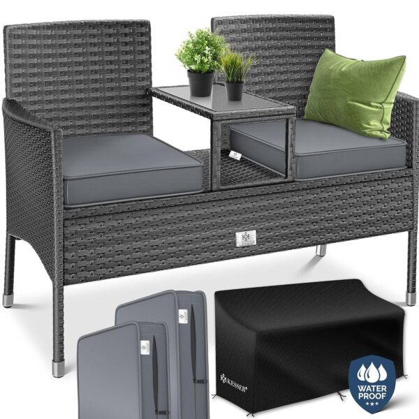 KESSER® Polyrattan 2‑Sitzer Gartenbank mit Tisch, wetterfest, inkl. Kissen