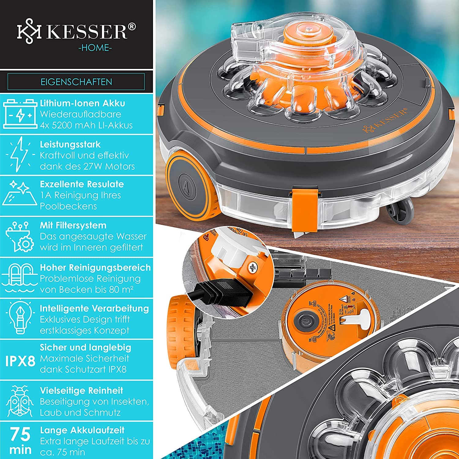 KESSER Poolroboter Aqua‑9000 – 80 m², Li‑Ion Akku 75 min, kabelloser Boden‑ und Wandreinigung