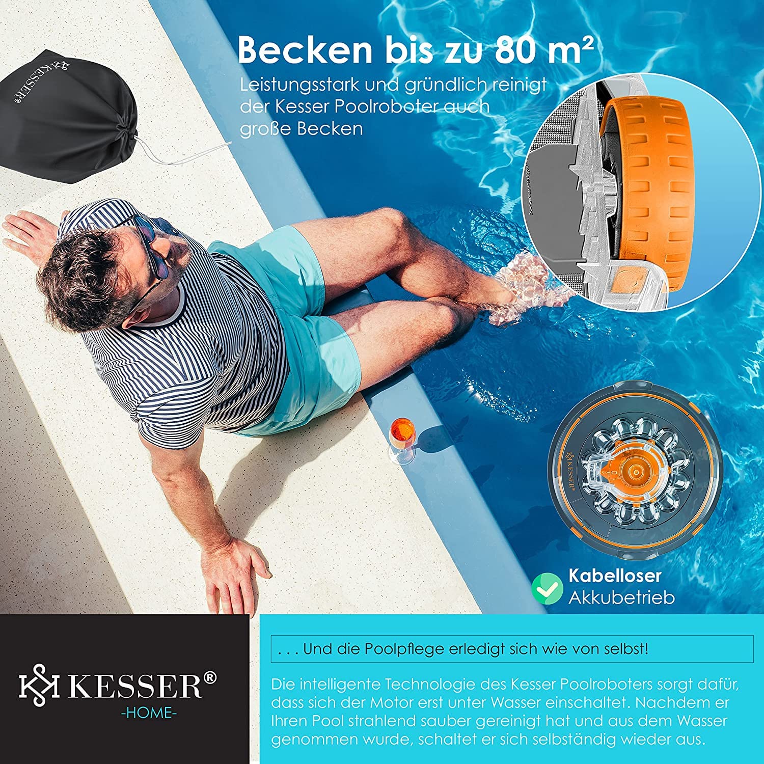 KESSER Poolroboter Aqua‑9000 – 80 m², Li‑Ion Akku 75 min, kabelloser Boden‑ und Wandreinigung