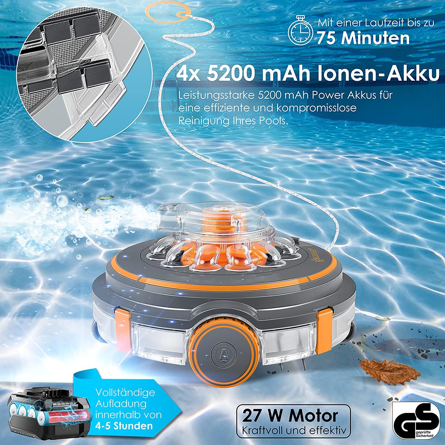KESSER Poolroboter Aqua‑9000 – 80 m², Li‑Ion Akku 75 min, kabelloser Boden‑ und Wandreinigung