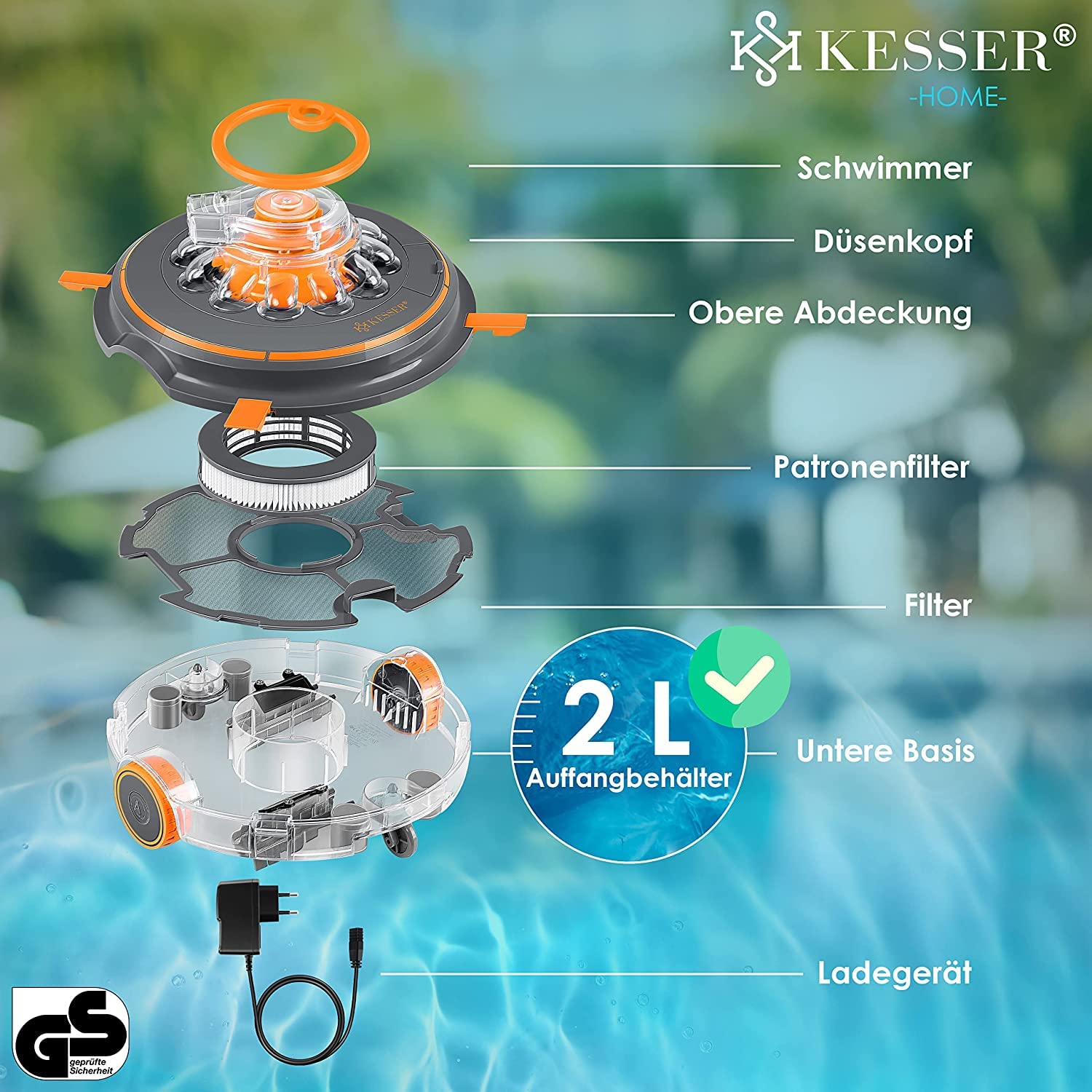 KESSER Poolroboter Aqua‑9000 – 80 m², Li‑Ion Akku 75 min, kabelloser Boden‑ und Wandreinigung