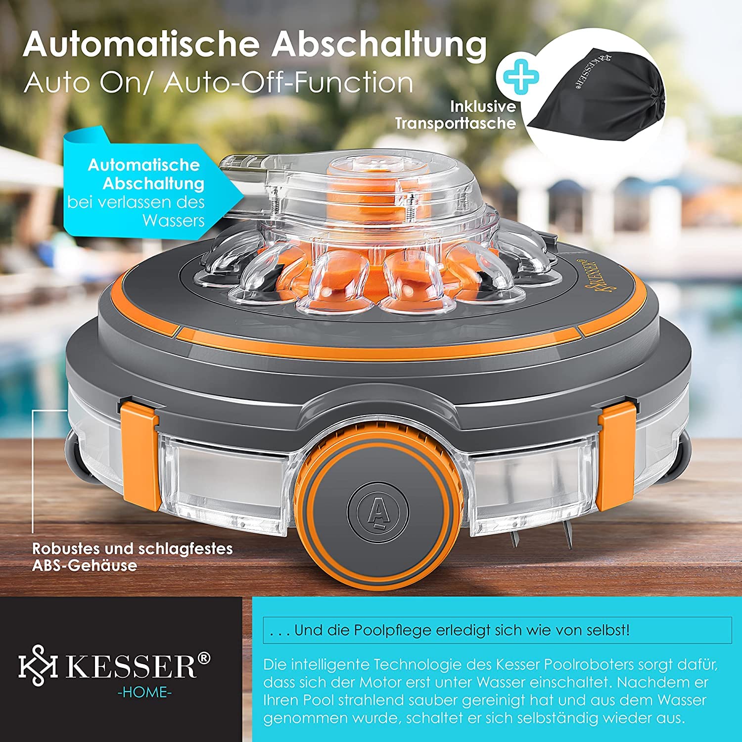 KESSER Poolroboter Aqua‑9000 – 80 m², Li‑Ion Akku 75 min, kabelloser Boden‑ und Wandreinigung