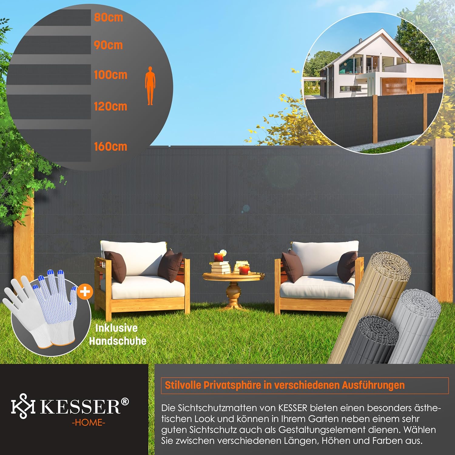 KESSER® PVC‑Sichtschutzmatte 90x500 cm – verstärkte Lamellen, Windschutz, Balkon