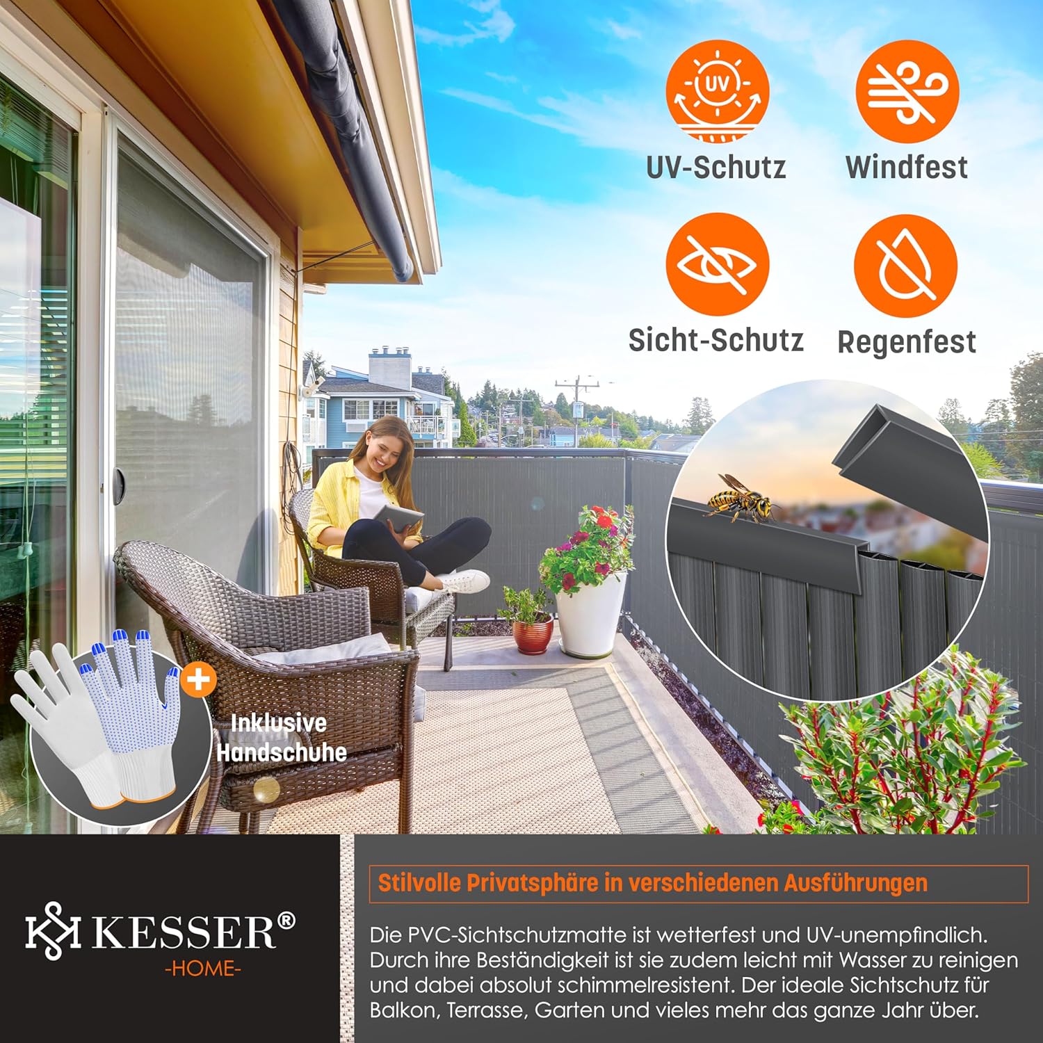 KESSER® PVC‑Sichtschutzmatte 90x500 cm – verstärkte Lamellen, Windschutz, Balkon