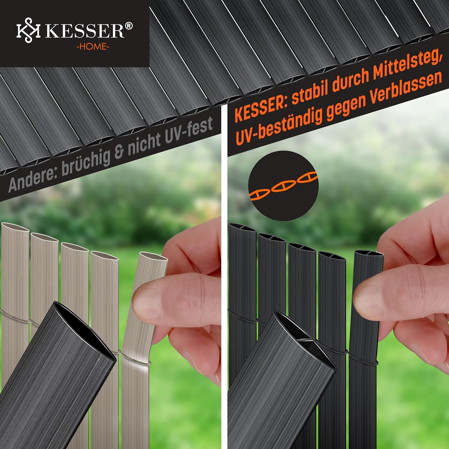 KESSER® PVC‑Sichtschutzmatte 90x500 cm – verstärkte Lamellen, Windschutz, Balkon