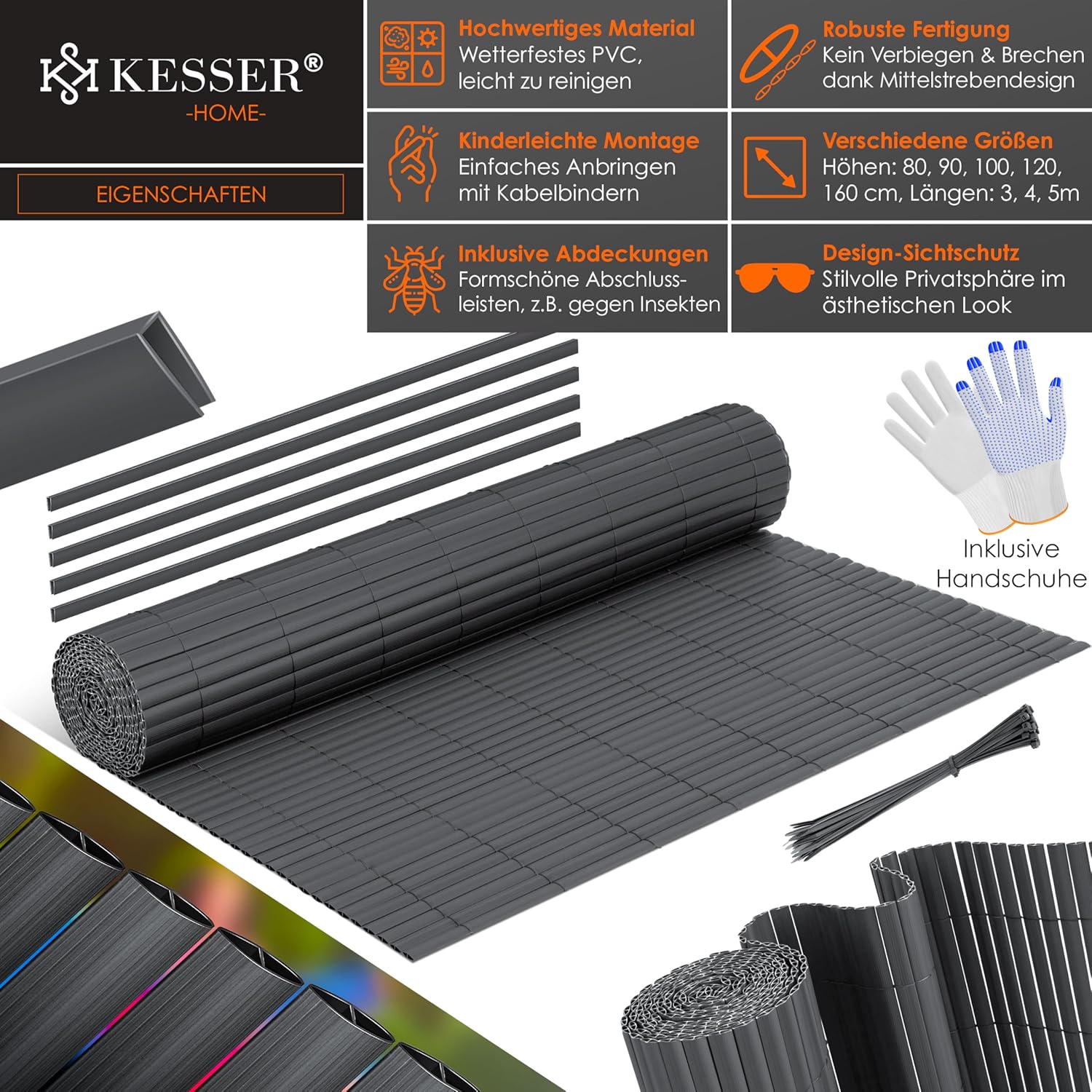 KESSER® PVC‑Sichtschutzmatte 90x500 cm – verstärkte Lamellen, Windschutz, Balkon