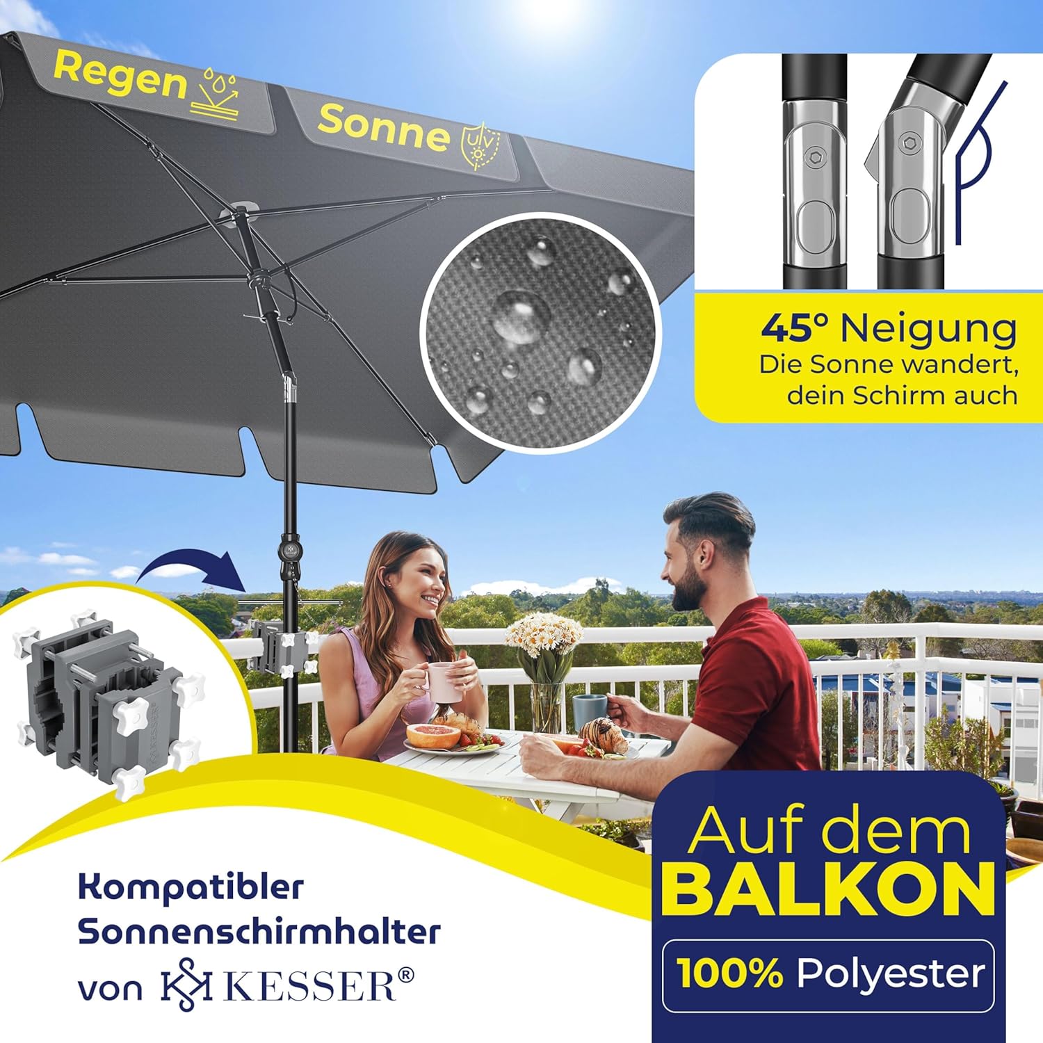 KESSER® Rechteckiger Sonnenschirm 200x125 cm, verstellbarer Neigungswinkel & Höhe, 2‑in‑1 Abdeckung