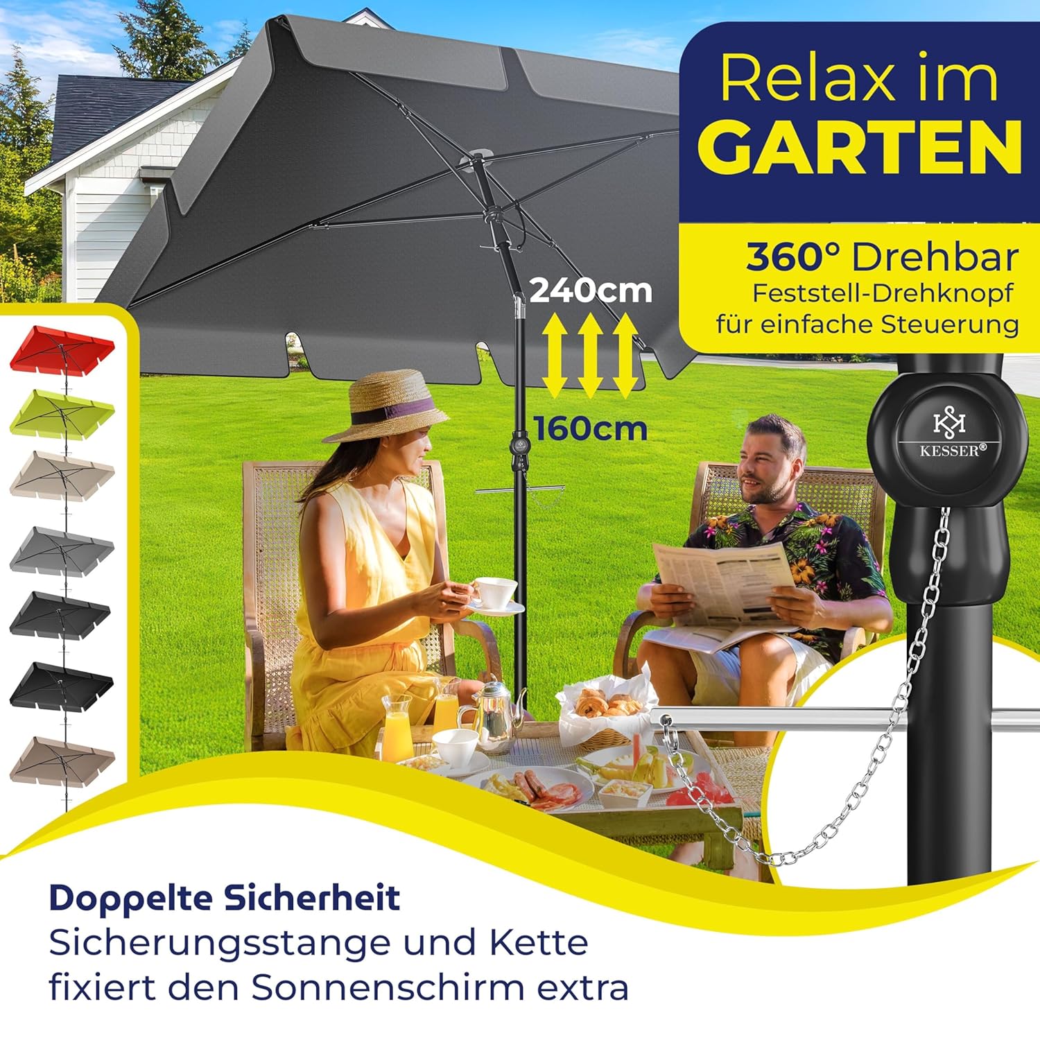 KESSER® Rechteckiger Sonnenschirm 200x125 cm, verstellbarer Neigungswinkel & Höhe, 2‑in‑1 Abdeckung