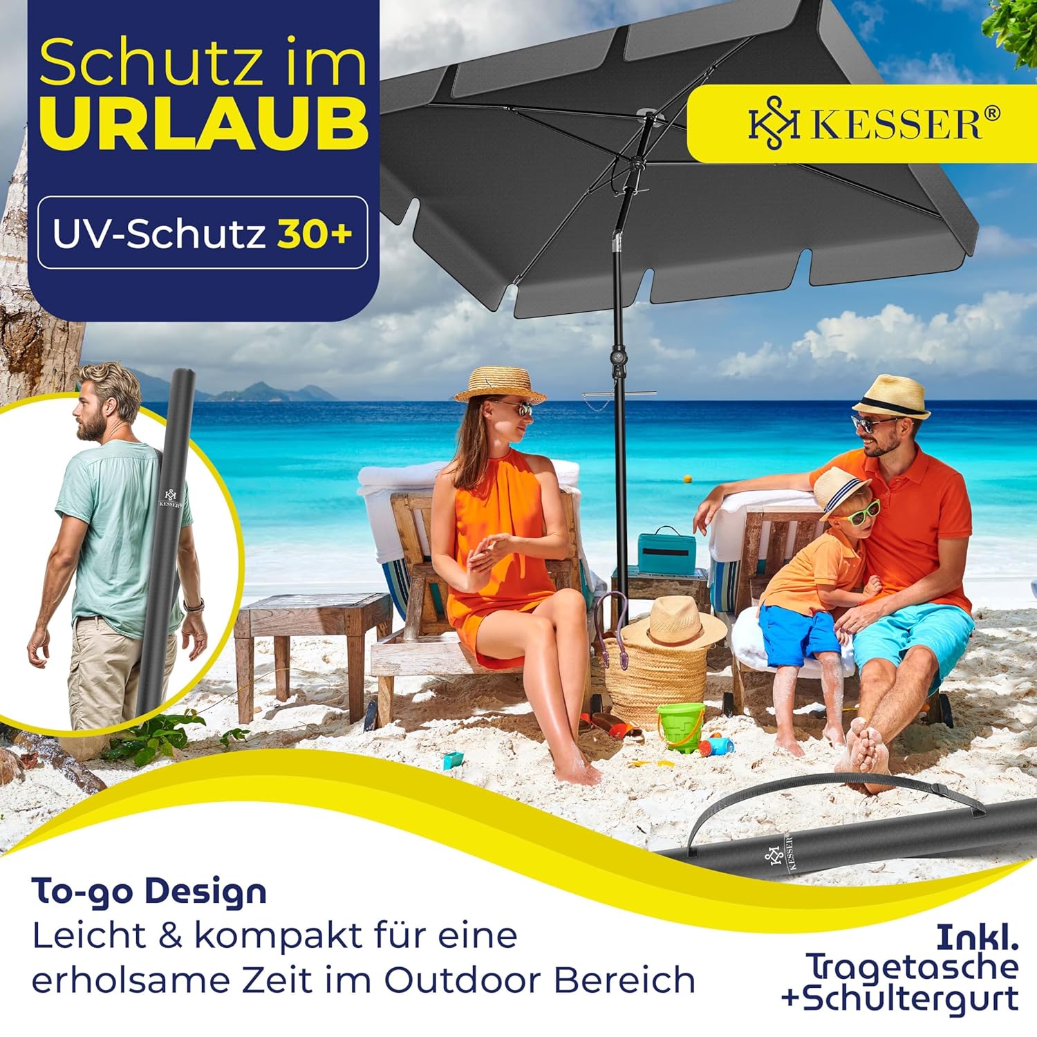 KESSER® Rechteckiger Sonnenschirm 200x125 cm, verstellbarer Neigungswinkel & Höhe, 2‑in‑1 Abdeckung