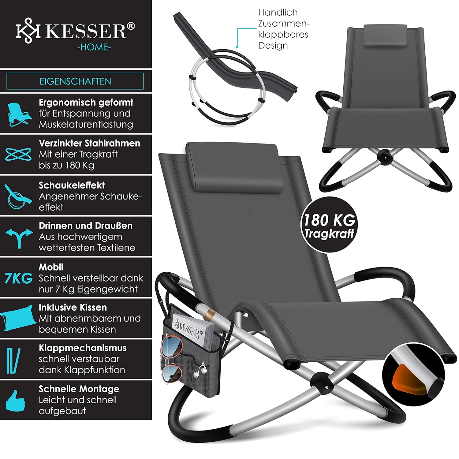 KESSER® Relaxliege ergonomisch 180 kg klappbar mit Tasche & Abdeckung