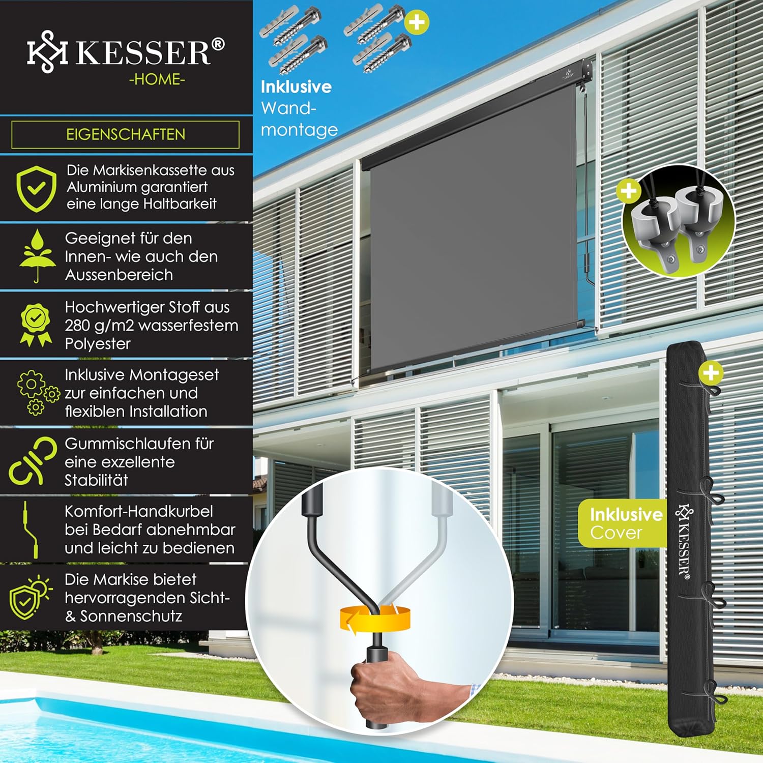 KESSER Senkrechtmarkise 200x250 cm Handkurbel – Sonnen- & Sichtschutz Balkon