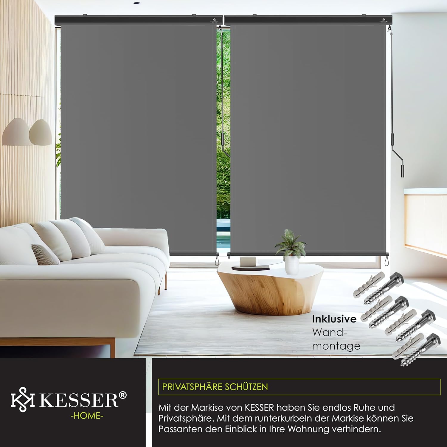 KESSER Senkrechtmarkise 200x250 cm Handkurbel – Sonnen- & Sichtschutz Balkon