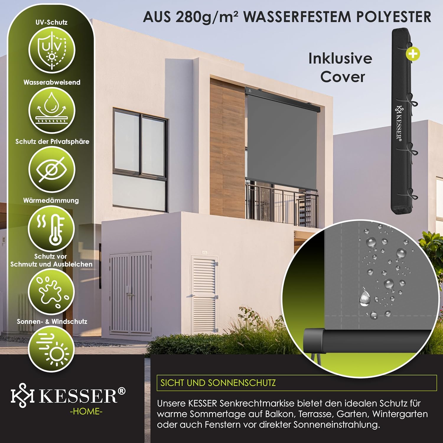 KESSER Senkrechtmarkise 200x250 cm Handkurbel – Sonnen- & Sichtschutz Balkon