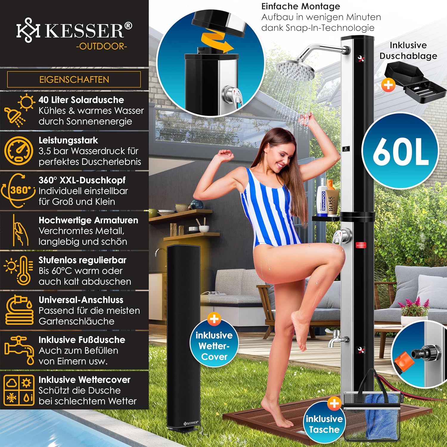 KESSER® Solar Dusche 60 L – bis 60 °C, Metall‑Duschablage, Schutzhaube