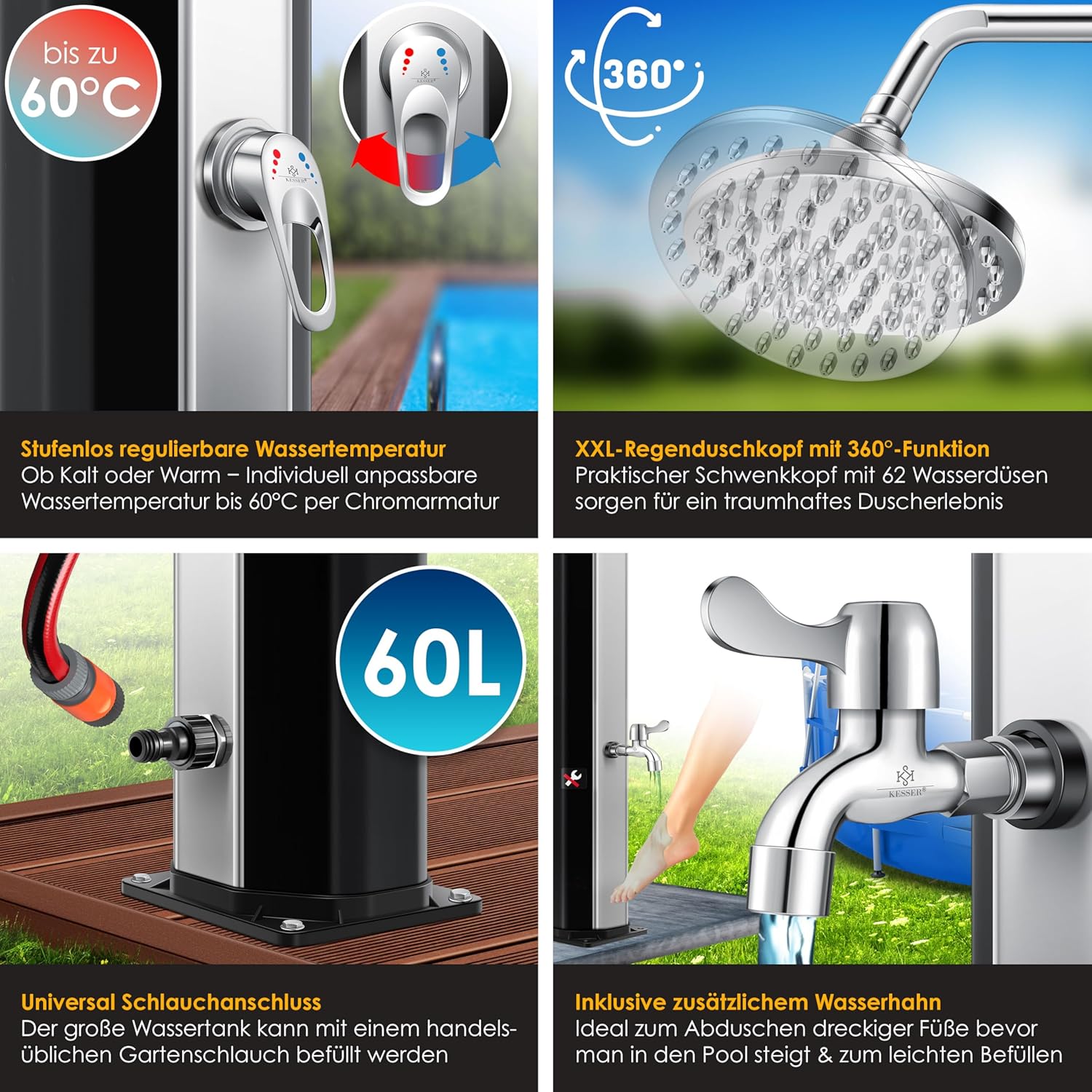 KESSER® Solar Dusche 60 L – bis 60 °C, Metall‑Duschablage, Schutzhaube