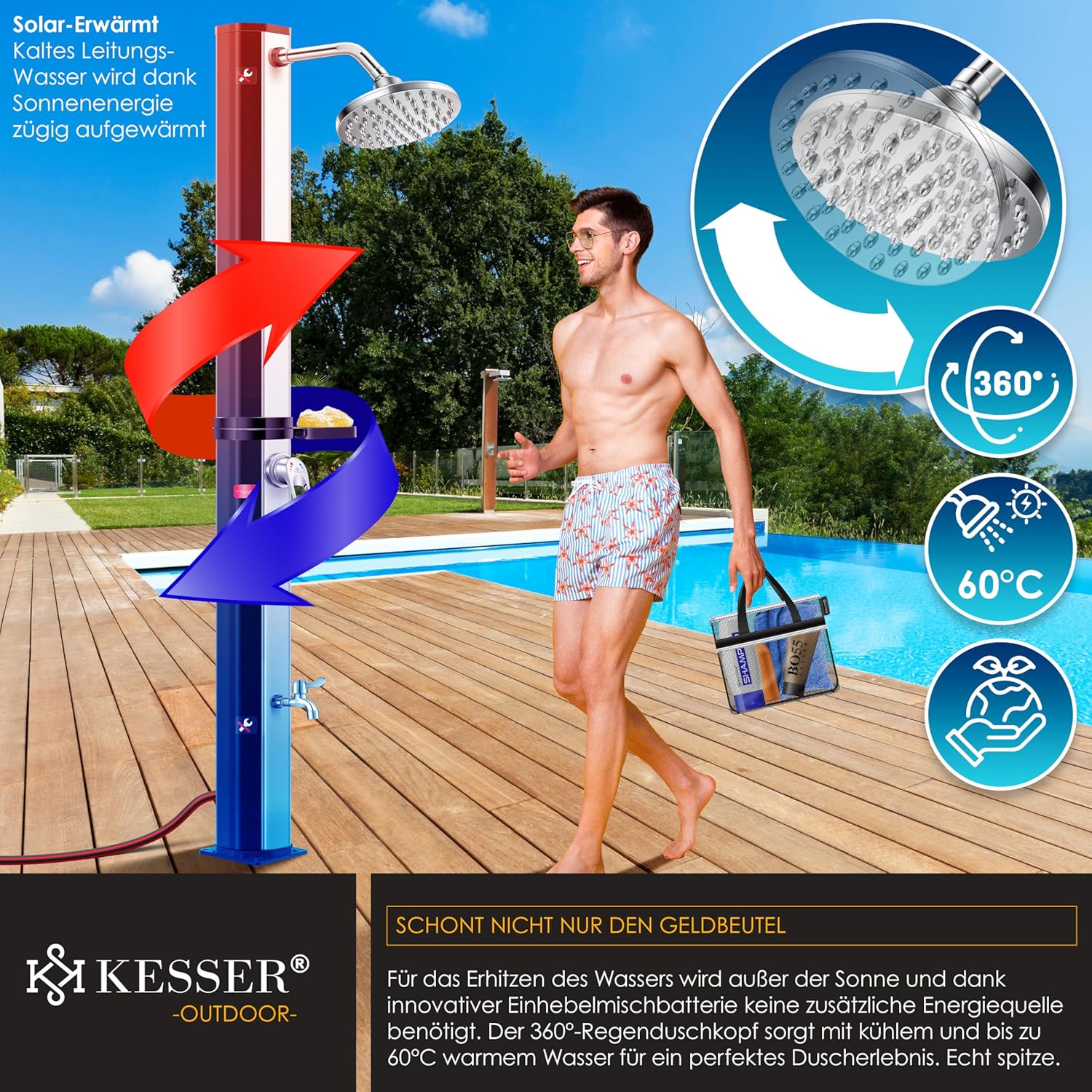 KESSER® Solar Dusche 60 L – bis 60 °C, Metall‑Duschablage, Schutzhaube