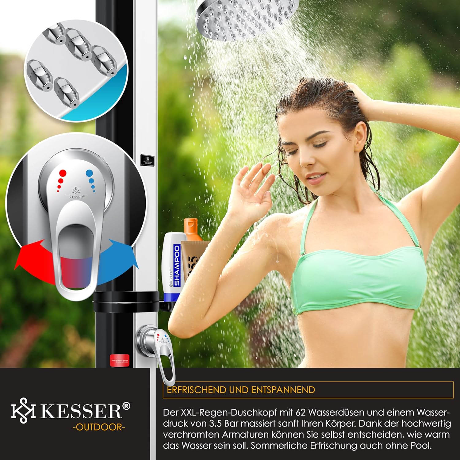 KESSER® Solar Dusche 60 L – bis 60 °C, Metall‑Duschablage, Schutzhaube