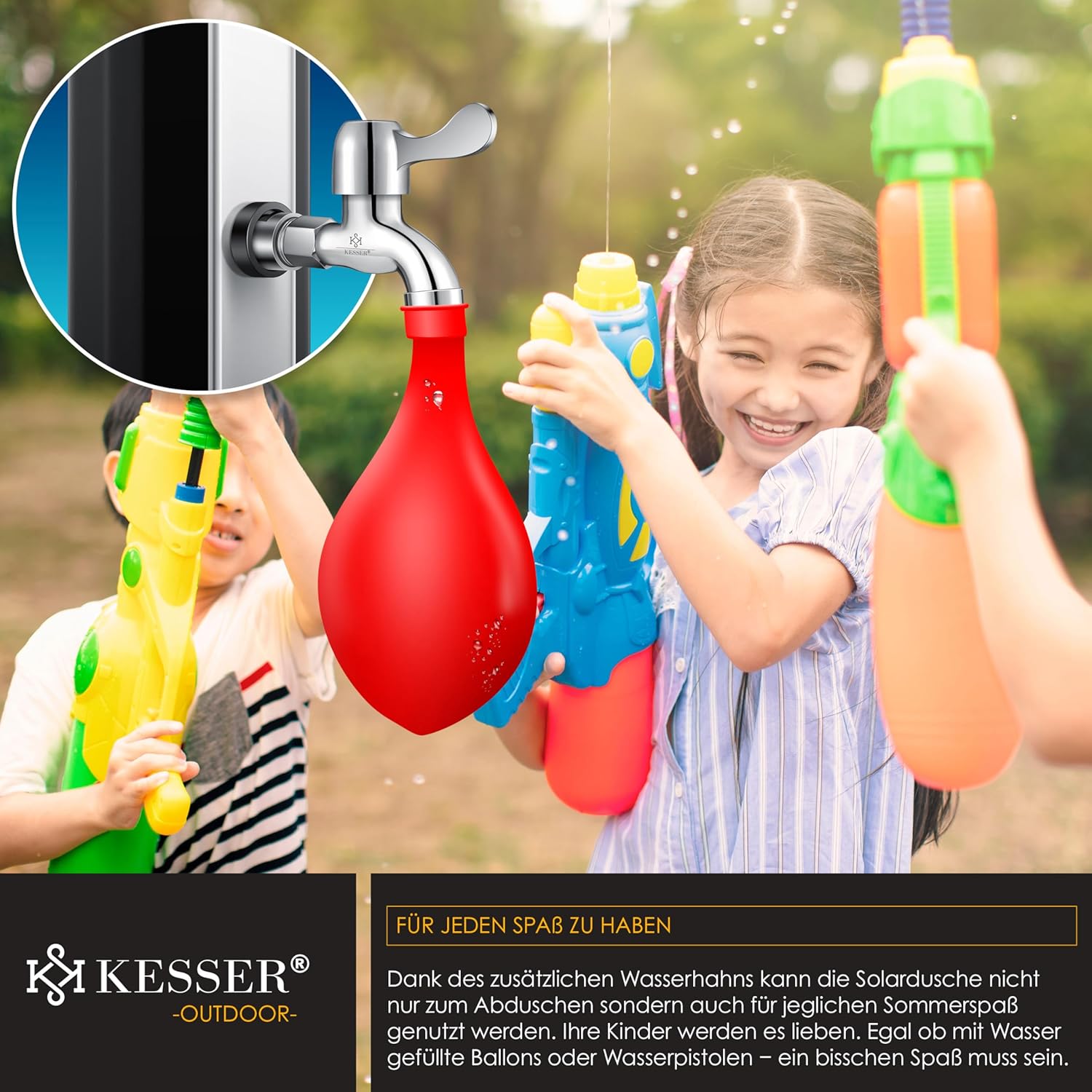 KESSER® Solar Dusche 60 L – bis 60 °C, Metall‑Duschablage, Schutzhaube
