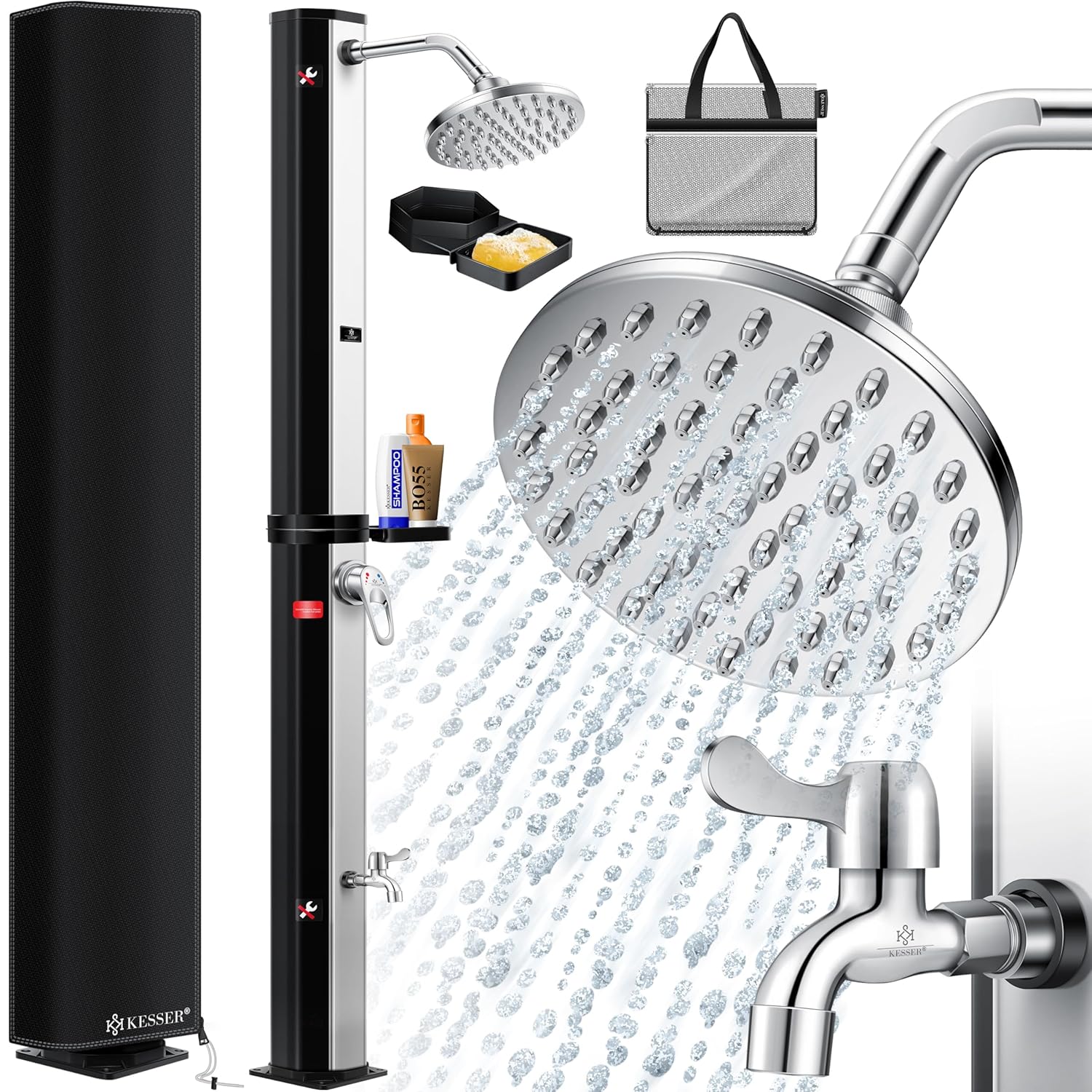 KESSER® Solar Dusche 60 L – bis 60 °C, Metall‑Duschablage, Schutzhaube
