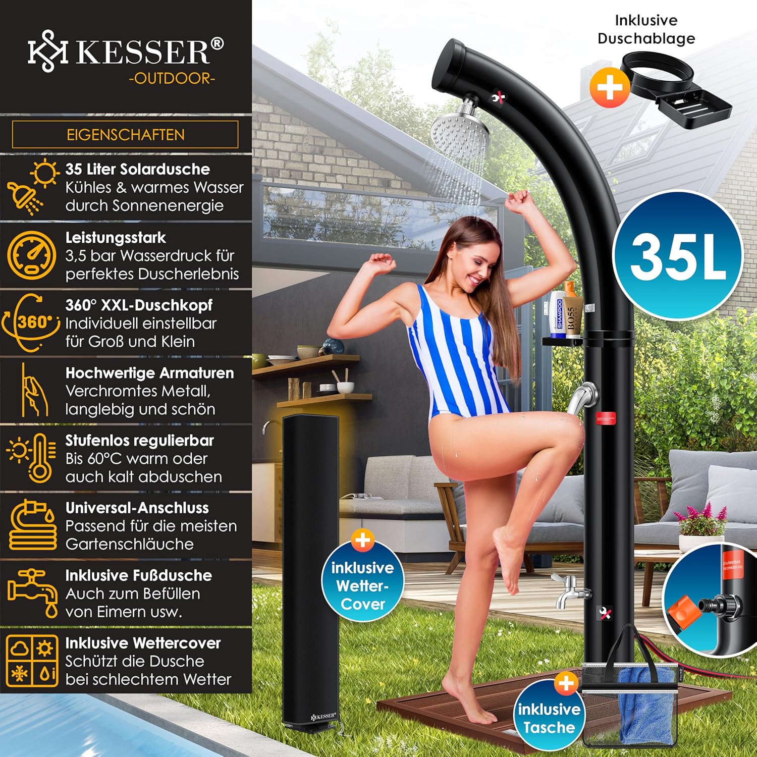 KESSER® Solar Gartendusche 35 l Warmwasser bis 60 °C Metall‑Duschablage Schutzhaube & Tasche