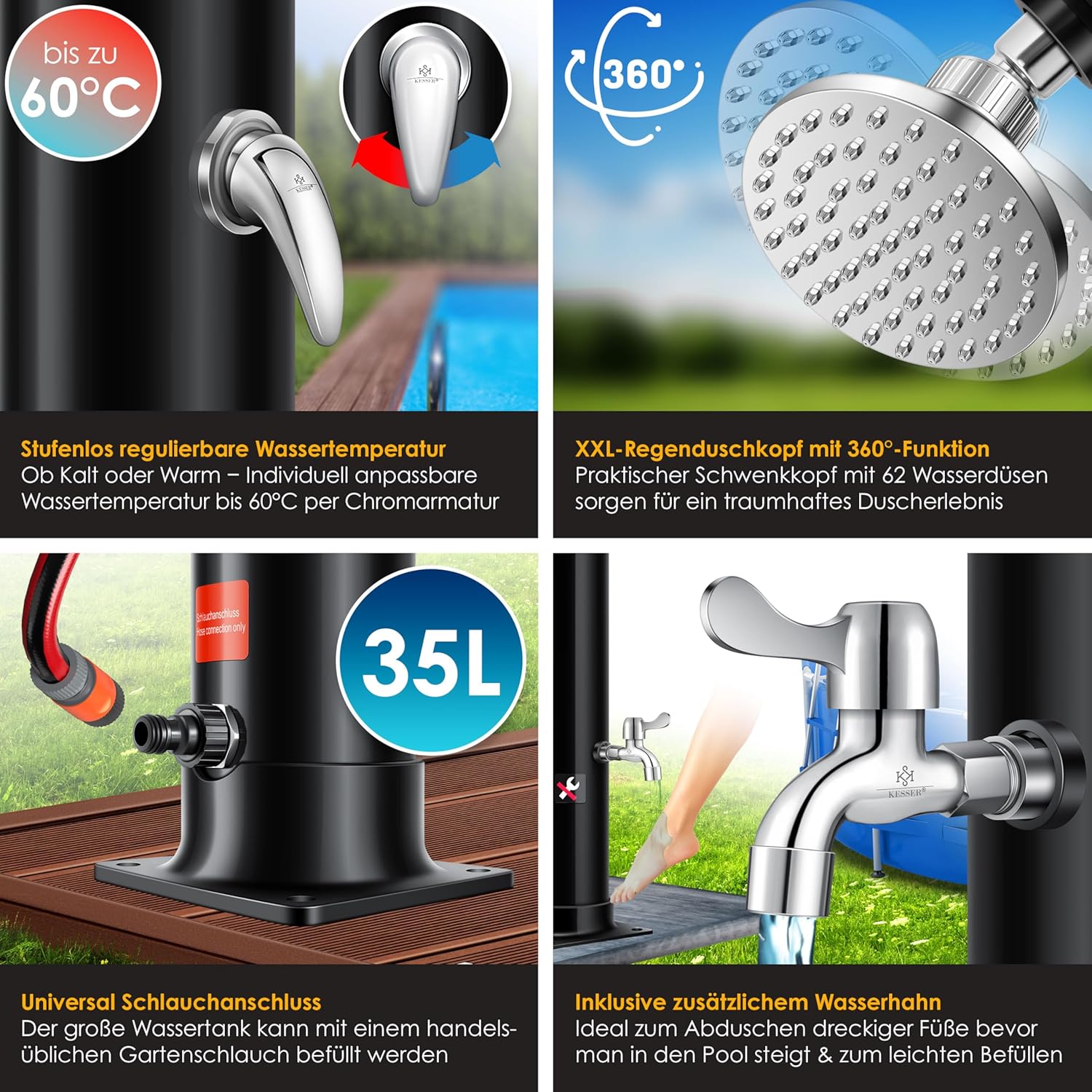 KESSER® Solar Gartendusche 35 l Warmwasser bis 60 °C Metall‑Duschablage Schutzhaube & Tasche