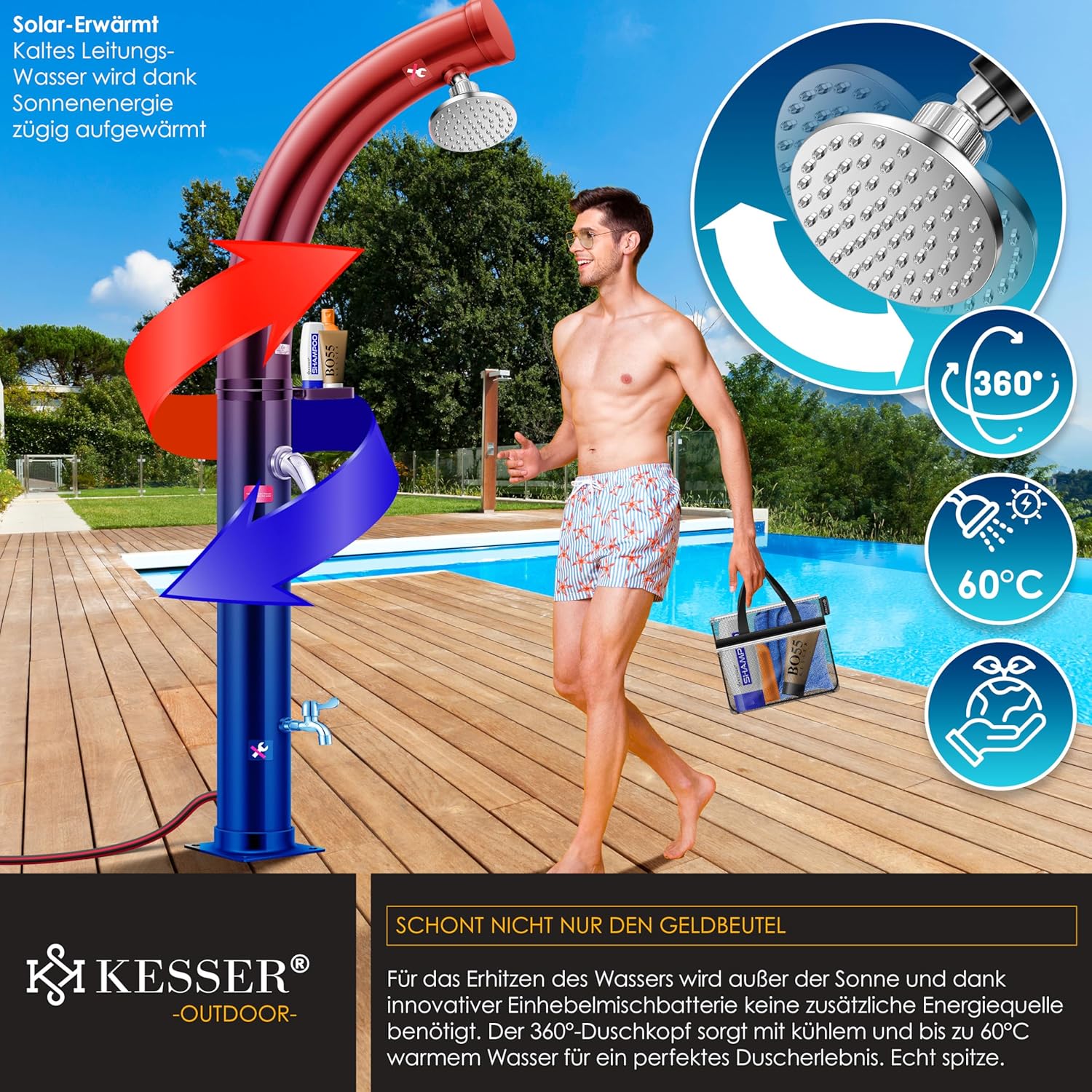KESSER® Solar Gartendusche 35 l Warmwasser bis 60 °C Metall‑Duschablage Schutzhaube & Tasche
