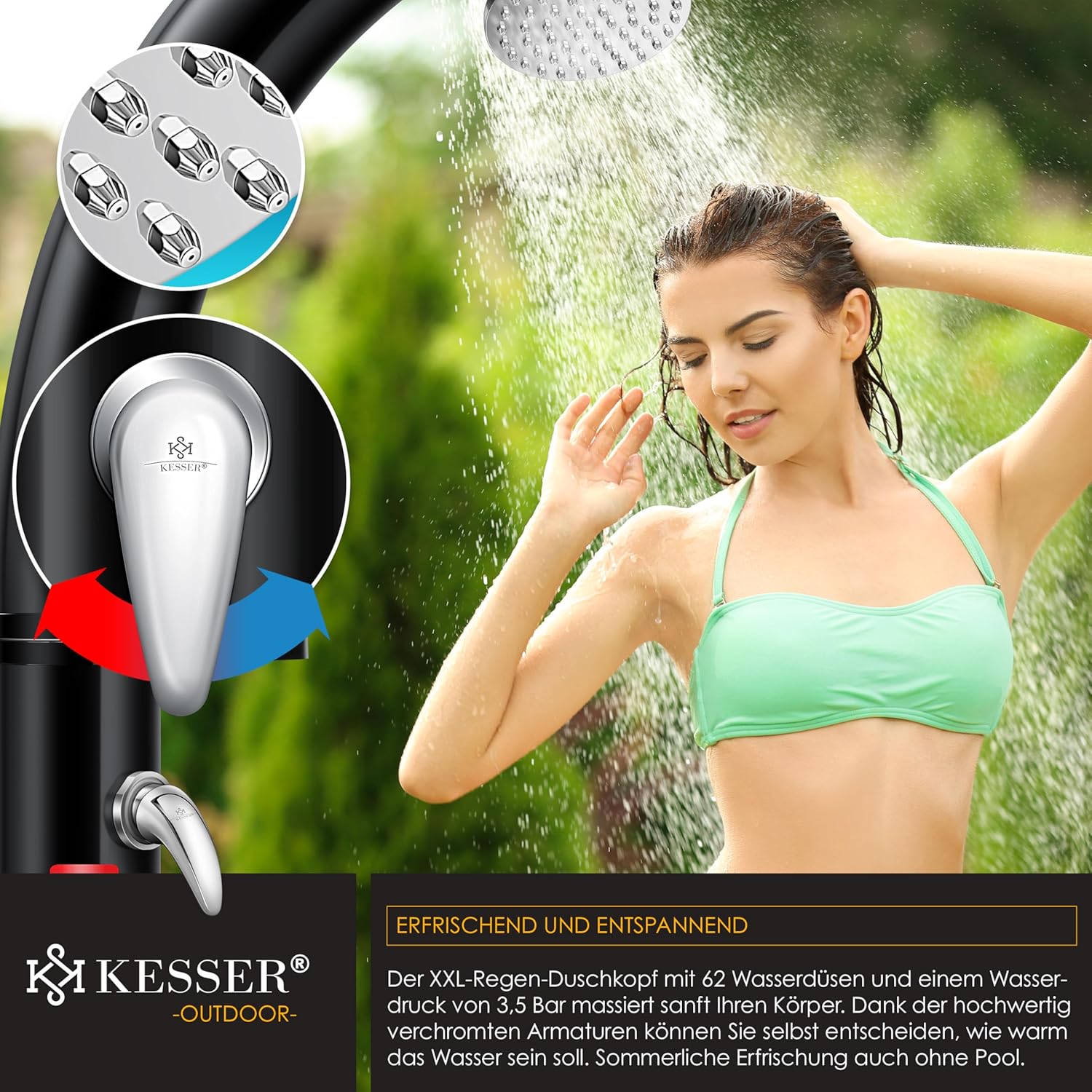 KESSER® Solar Gartendusche 35 l Warmwasser bis 60 °C Metall‑Duschablage Schutzhaube & Tasche