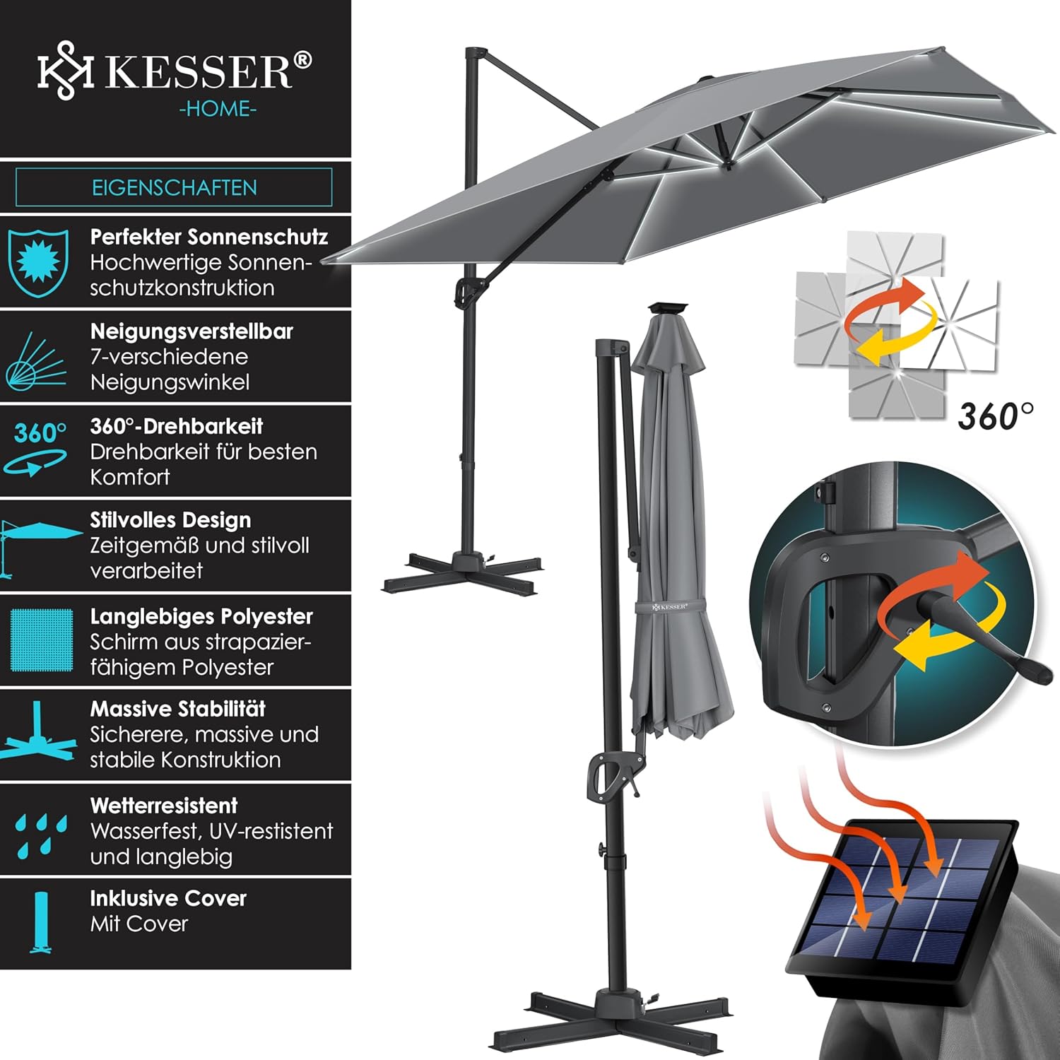 KESSER Sonnenschirm LED Solar 300 cm XL 360° drehbar +Windschutz