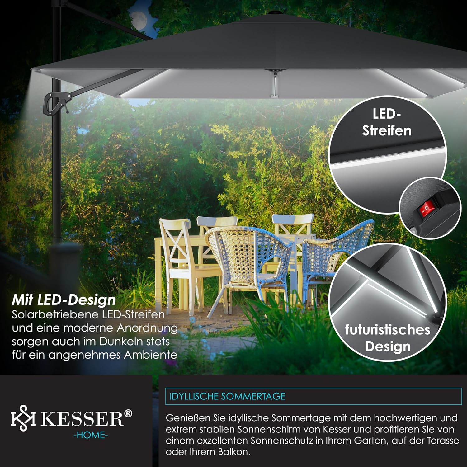 KESSER Sonnenschirm LED Solar 300 cm XL 360° drehbar +Windschutz