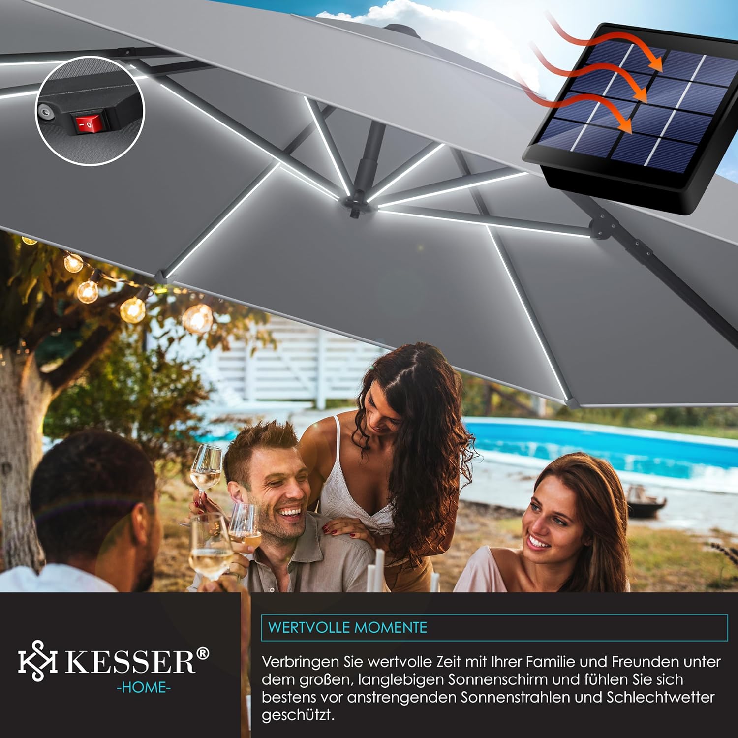 KESSER Sonnenschirm LED Solar 300 cm XL 360° drehbar +Windschutz