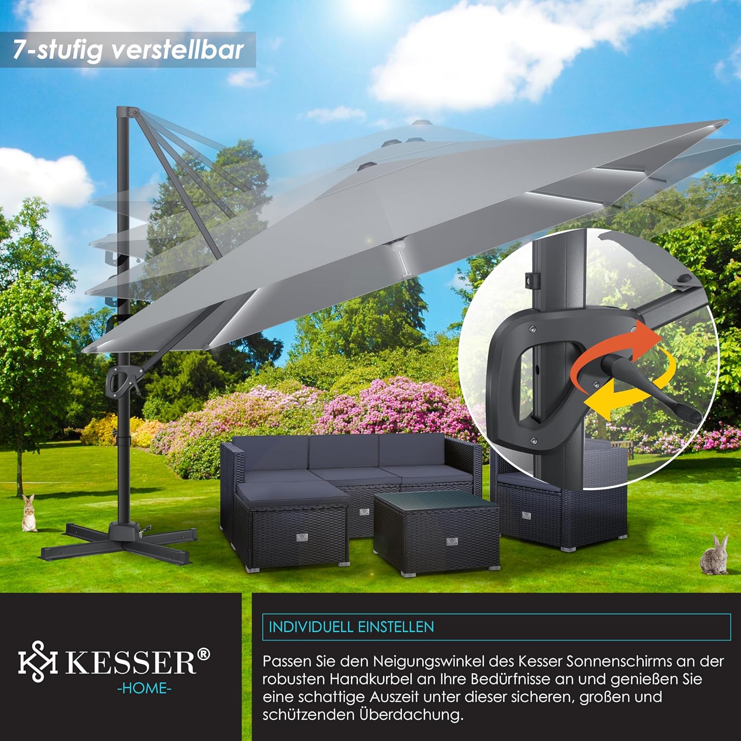 KESSER Sonnenschirm LED Solar 300 cm XL 360° drehbar +Windschutz
