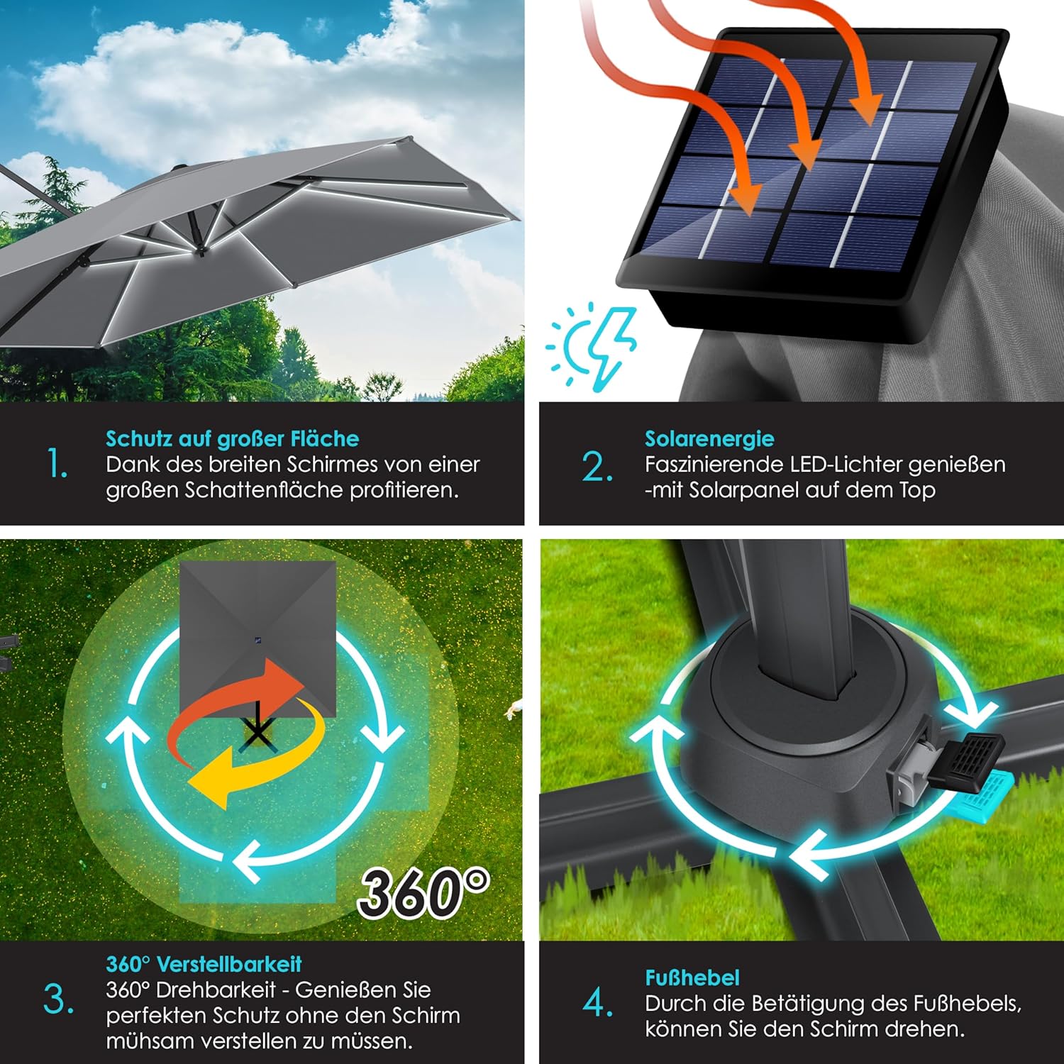 KESSER Sonnenschirm LED Solar 300 cm XL 360° drehbar +Windschutz