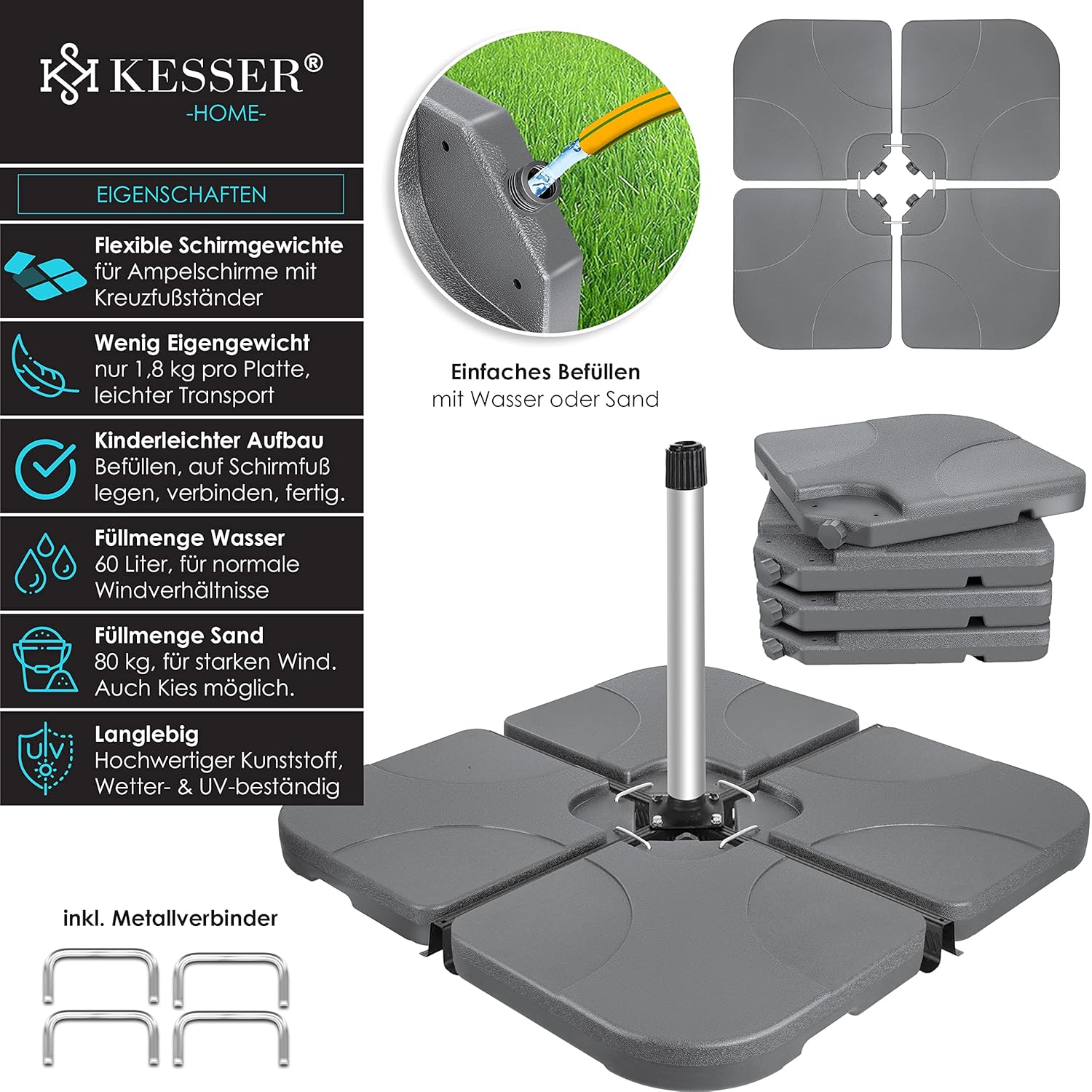 KESSER Sonnenschirmständer 4‑teilig – 60 l/80 kg Belastung, Metallverbinder, Bodenkreuz