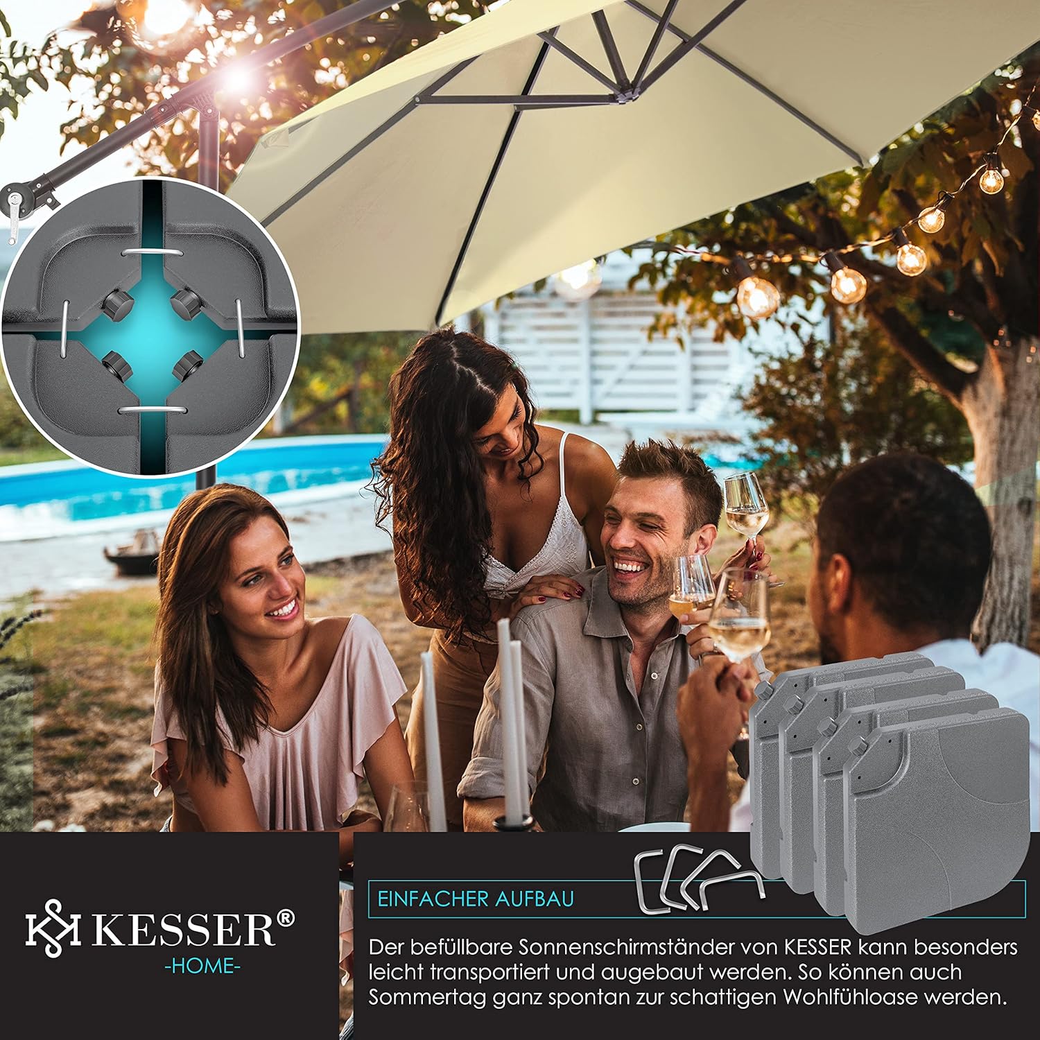 KESSER Sonnenschirmständer 4‑teilig – 60 l/80 kg Belastung, Metallverbinder, Bodenkreuz