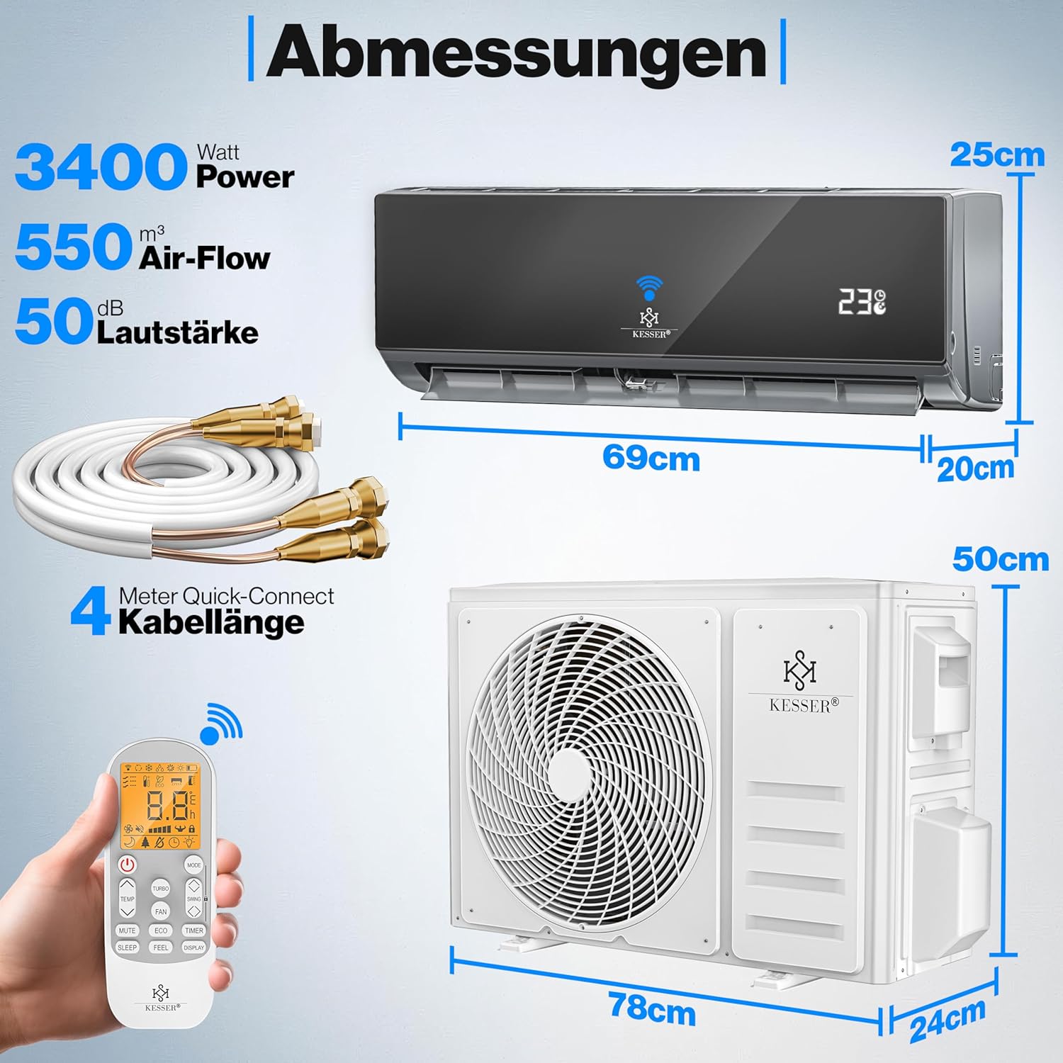 KESSER Split Klimaanlage 12000 BTU WiFi & App, Heizfunktion, R32