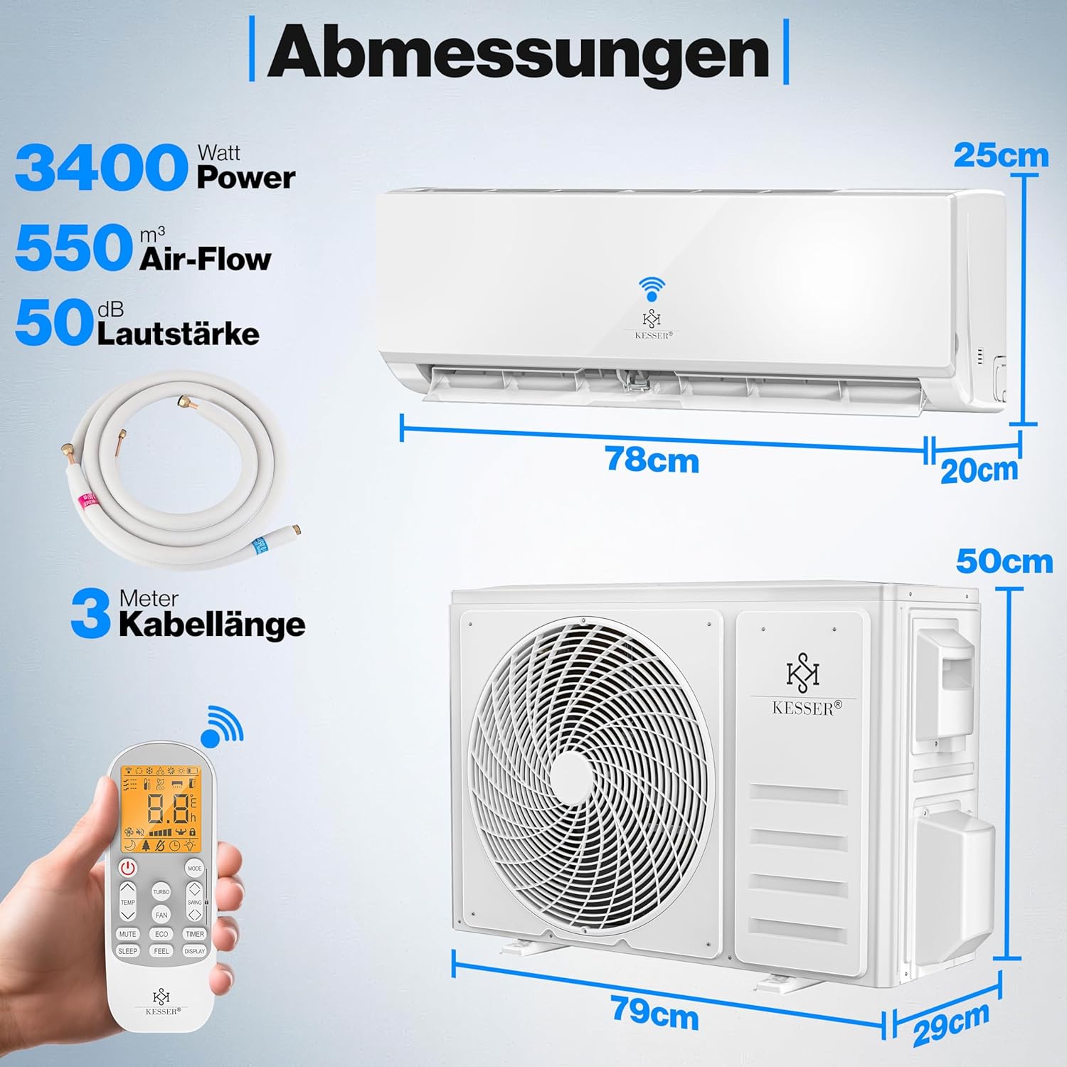 KESSER® Split‑Klimagerät 12000 BTU WiFi/App A++ Kühlung A+ Heizung R32