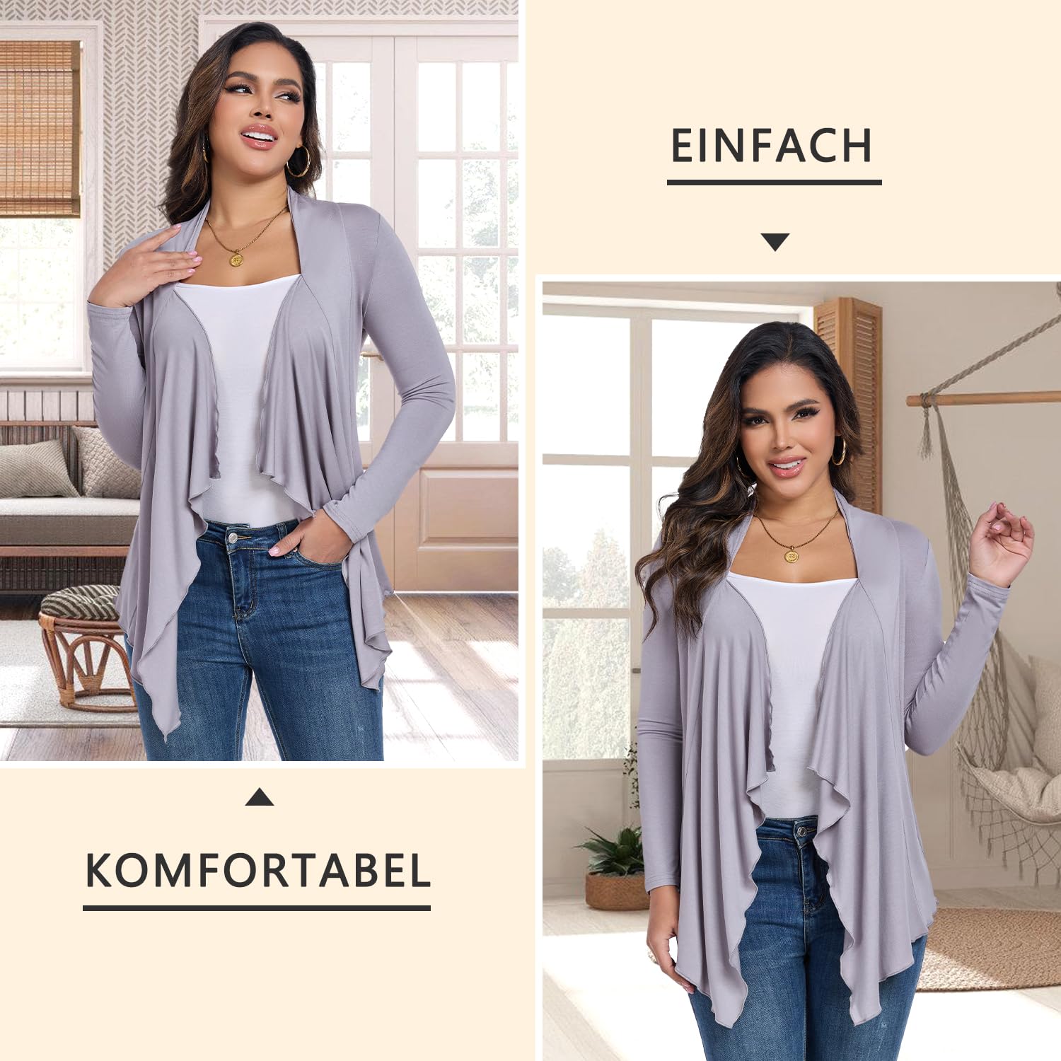 KESSER Strickjacke Damen Langarm Plissee Saum Knopflos Atmungsaktiv