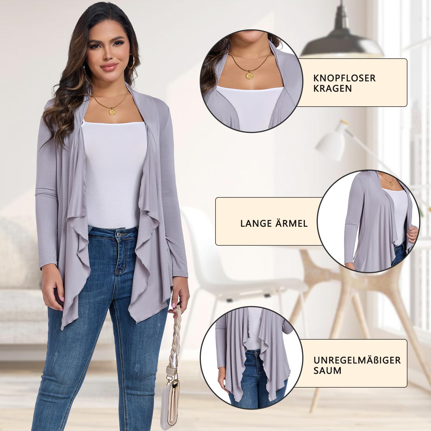 KESSER Strickjacke Damen Langarm Plissee Saum Knopflos Atmungsaktiv