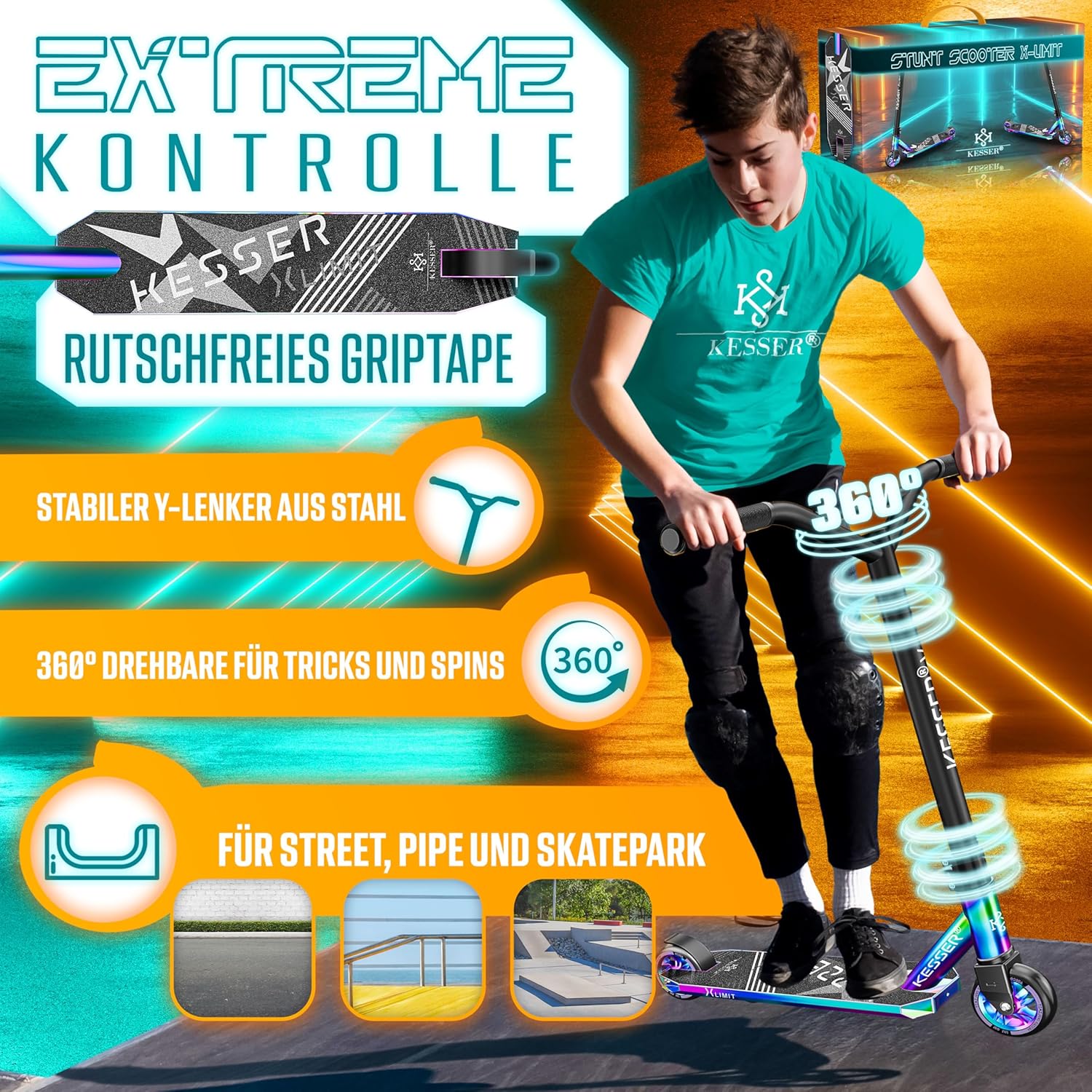 KESSER® Stunt Scooter – 360° Lenkung, ABEC‑9 Kugellager, 100 mm PU‑Räder