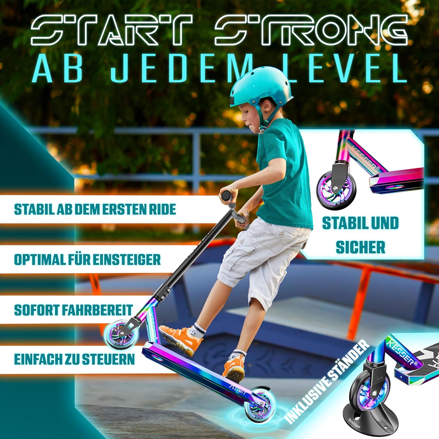 KESSER® Stunt Scooter – 360° Lenkung, ABEC‑9 Kugellager, 100 mm PU‑Räder