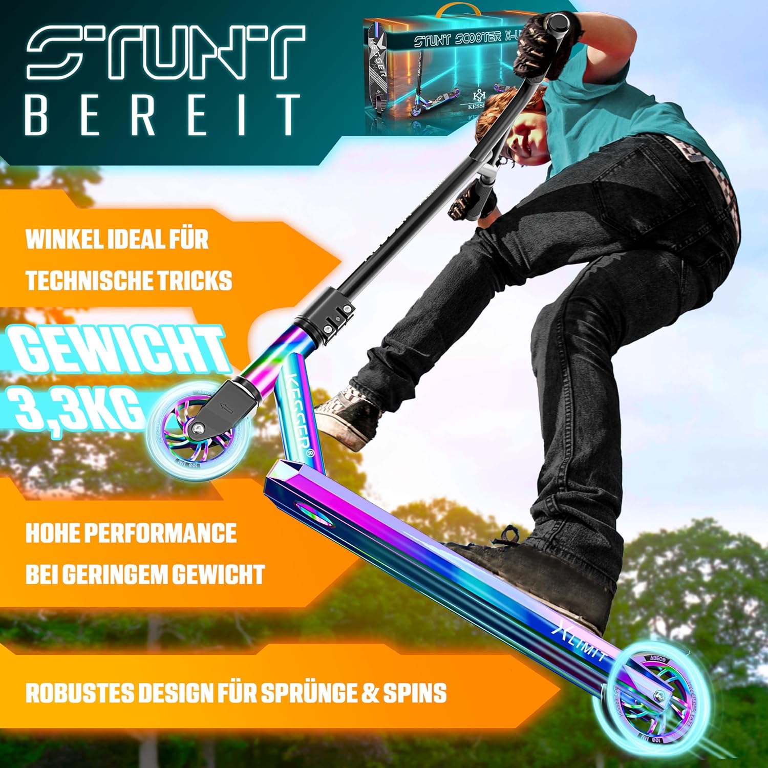 KESSER® Stunt Scooter – 360° Lenkung, ABEC‑9 Kugellager, 100 mm PU‑Räder